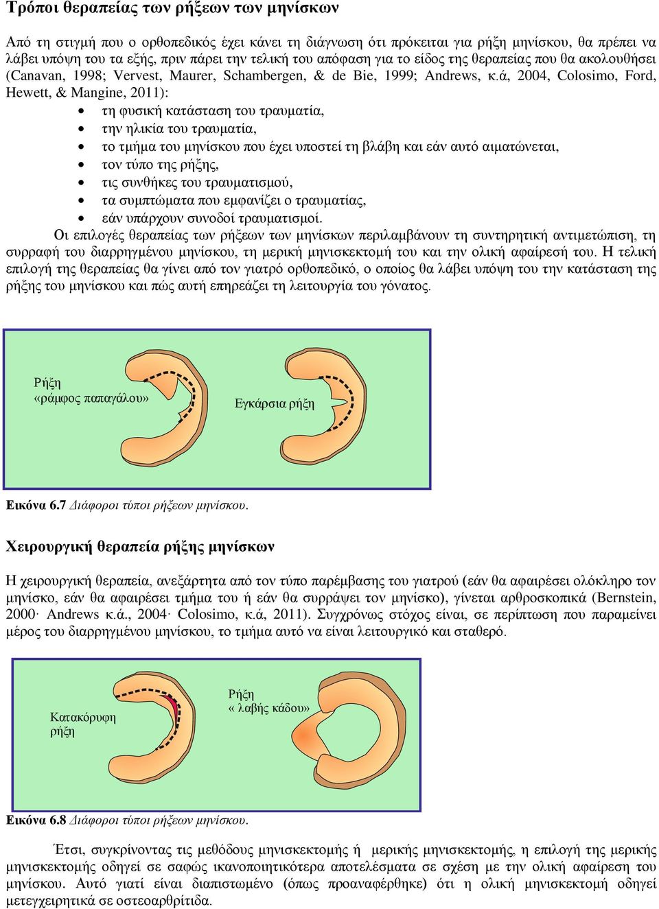 ά, 2004, Colosimo, Ford, Hewett, & Mangine, 2011): τη φυσική κατάσταση του τραυματία, την ηλικία του τραυματία, το τμήμα του μηνίσκου που έχει υποστεί τη βλάβη και εάν αυτό αιματώνεται, τον τύπο της