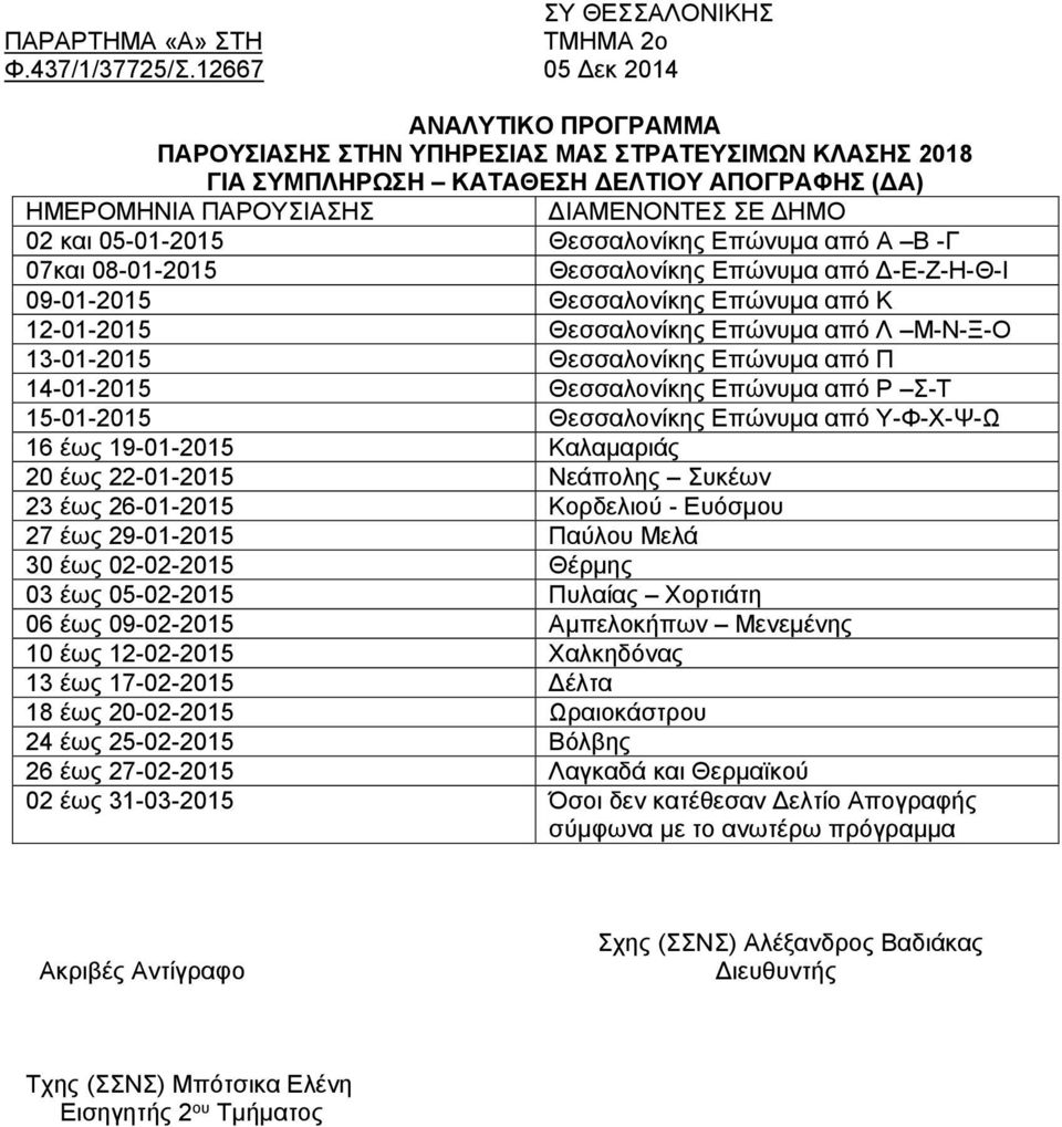 Θεσσαλονίκης Επώνυμα από Α Β -Γ 07και 08-01-2015 Θεσσαλονίκης Επώνυμα από -Ε-Ζ-Η-Θ-Ι 09-01-2015 Θεσσαλονίκης Επώνυμα από Κ 12-01-2015 Θεσσαλονίκης Επώνυμα από Λ Μ-Ν-Ξ-Ο 13-01-2015 Θεσσαλονίκης