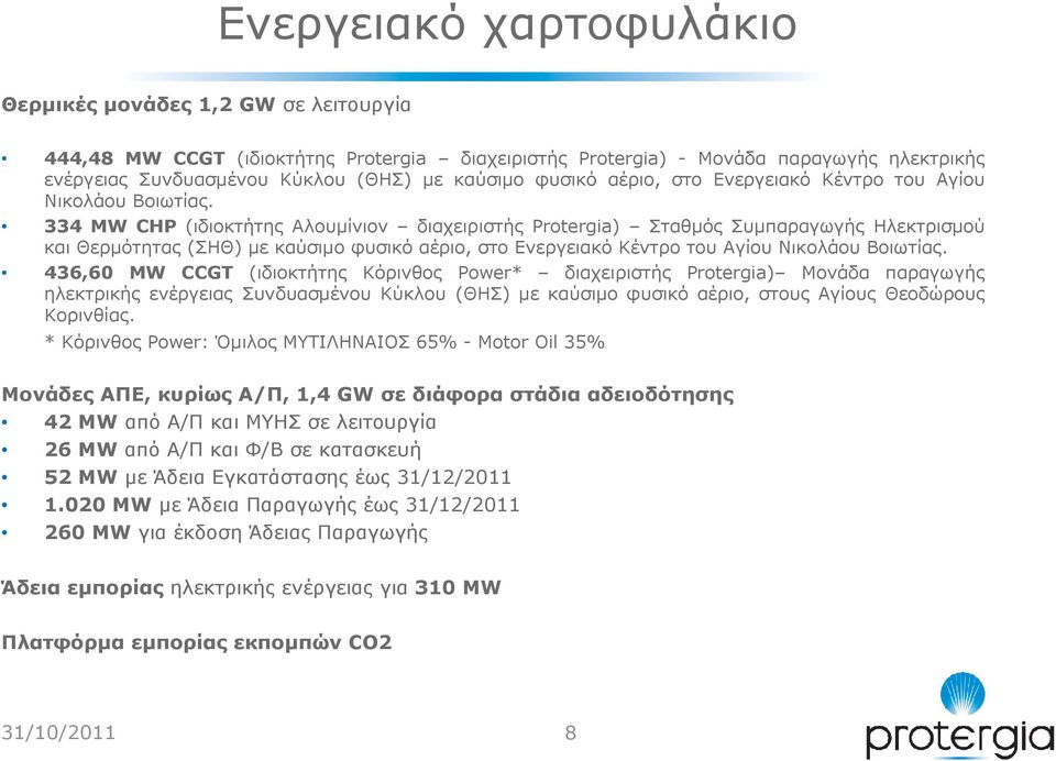 334 MW CHP (ιδιοκτήτης Αλουµίνιον διαχειριστής Protergia) Σταθµός Συµπαραγωγής Ηλεκτρισµού και Θερµότητας (ΣΗΘ) µε καύσιµο  436,60 MW CCGT (ιδιοκτήτης Κόρινθος Power* διαχειριστής Protergia) Μονάδα