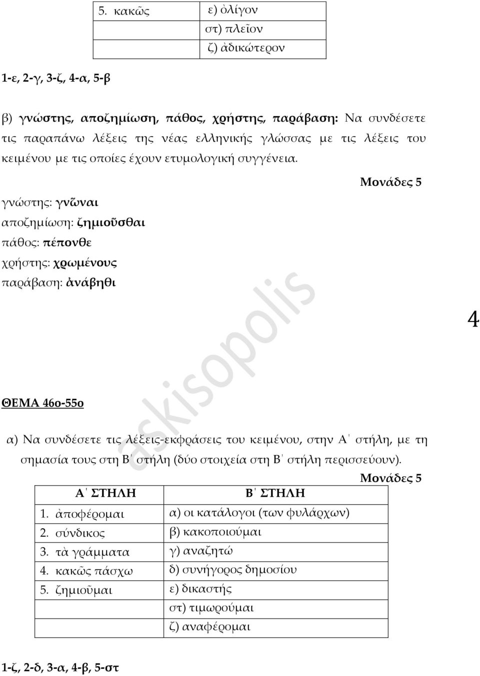 γνώστης: γν ωναι αποζημίωση: ζημιο υσθαι πάθος: πέπονθε χρήστης: χρωμένους παράβαση: ανάβηθι 4 ΘΕΜΑ 46o-55o α) Να συνδέσετε τις λέξεις-εκφράσεις του κειμένου, στην Α στήλη, με τη