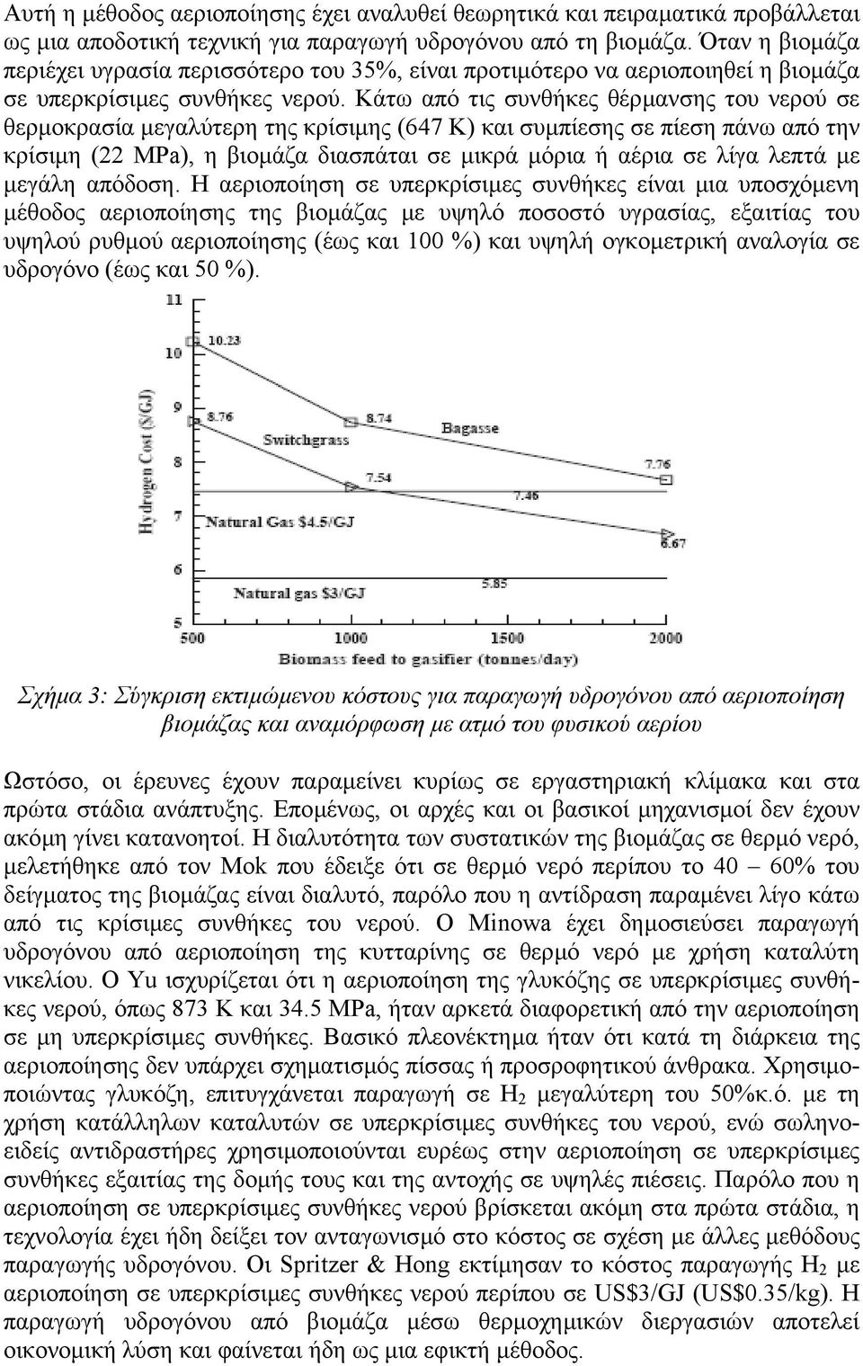 Κάτω από τις συνθήκες θέρµανσης του νερού σε θερµοκρασία µεγαλύτερη της κρίσιµης (647 Κ) και συµπίεσης σε πίεση πάνω από την κρίσιµη (22 MPa), η βιοµάζα διασπάται σε µικρά µόρια ή αέρια σε λίγα λεπτά