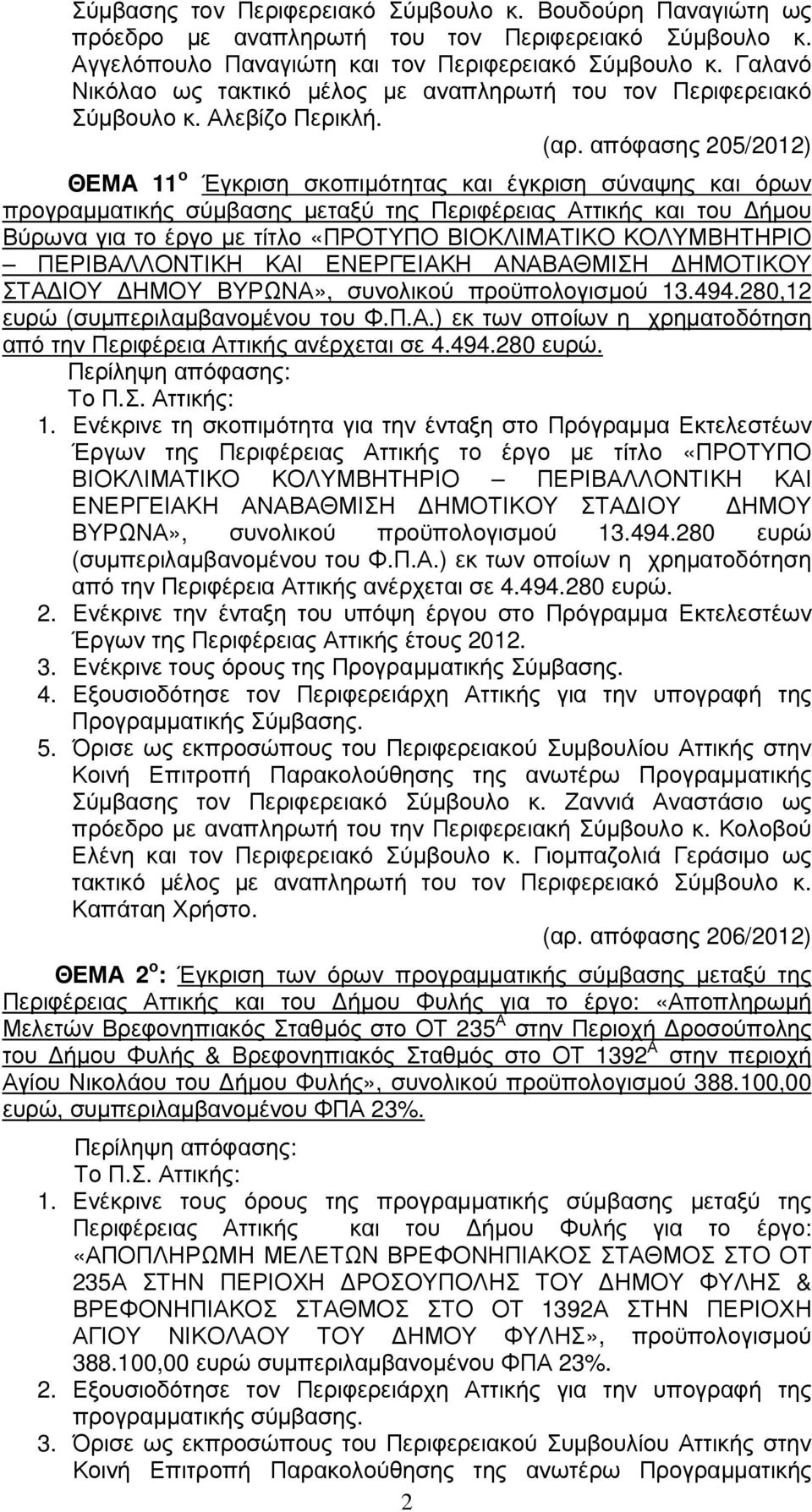 απόφασης 205/2012) ΘΕΜΑ 11 ο Έγκριση σκοπιµότητας και έγκριση σύναψης και όρων προγραµµατικής σύµβασης µεταξύ της Περιφέρειας Αττικής και του ήµου Βύρωνα για το έργο µε τίτλο «ΠΡΟΤΥΠΟ ΒΙΟΚΛΙΜΑΤΙΚΟ