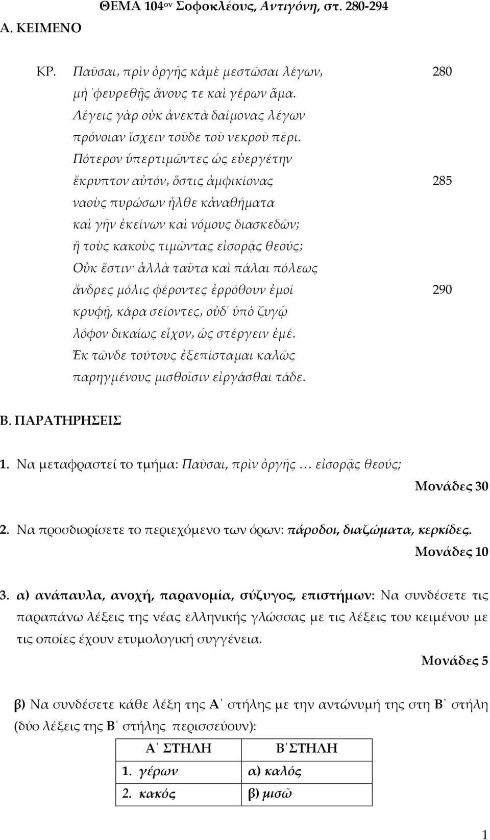 α) ανάπαυλα, ανοχή, παρανομία, σύζυγος, επιστήμων: Να συνδέσετε τις παραπάνω λέξεις της νέας ελληνικής γλώσσας με τις λέξεις του κειμένου με τις