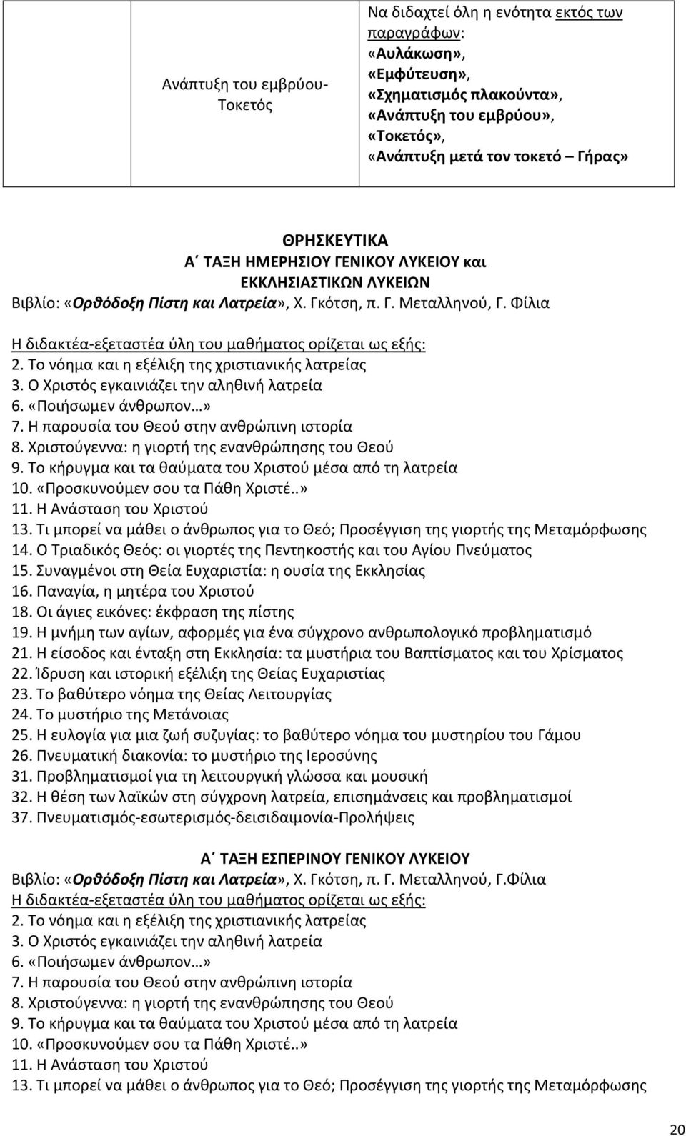 Φίλια Η διδακτέα εξεταστέα ύλη του μαθήματος ορίζεται ως εξής: 2. Το νόημα και η εξέλιξη της χριστιανικής λατρείας 3. Ο Χριστός εγκαινιάζει την αληθινή λατρεία 6. «Ποιήσωμεν άνθρωπον» 7.