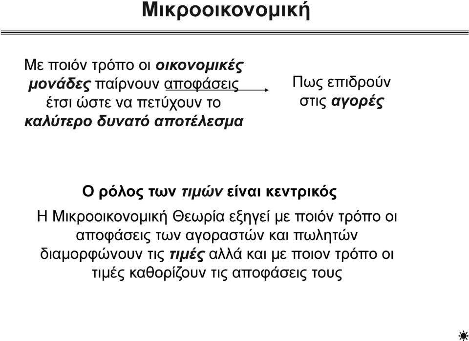 κεντρικός Η Μικροοικονομική Θεωρία εξηγεί με ποιόν τρόπο οι αποφάσεις των αγοραστών και