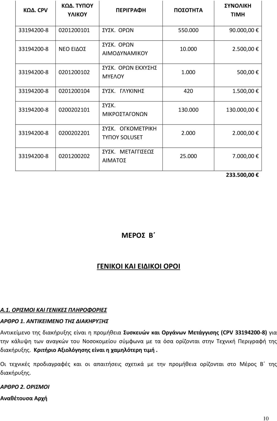 ΟΓΚΟΜΕΤΡΙΚΗ ΤΥΠΟΥ SOLUSET ΣΥΣΚ. ΜΕΤΑΓΓΙΣΕΩΣ ΑΙΜΑΤΟΣ 130.000 130.000,00 2.000 2.000,00 25.000 7.000,00 233.500,00 ΜΕΡΟΣ Β ΓΕΝΙΚΟΙ ΚΑΙ ΕΙΔΙΚΟΙ ΟΡΟΙ A.1. ΟΡΙΣΜΟΙ KAI ΓΕΝΙΚΕΣ ΠΛΗΡΟΦΟΡΙΕΣ ΑΡΘΡΟ 1.