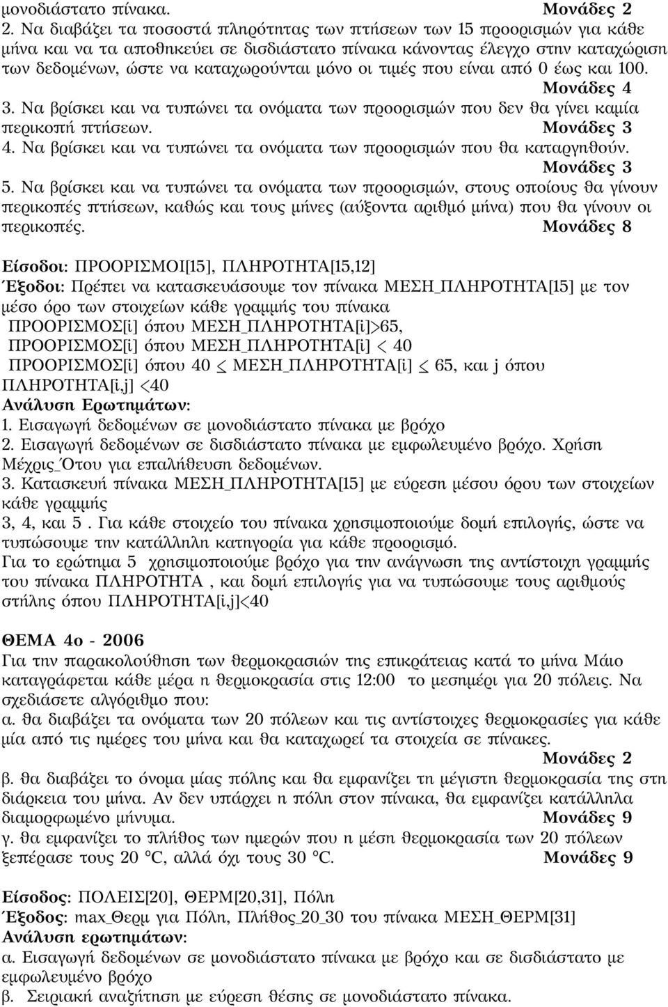 τιμές που είναι από 0 έως και 100. 3. Να βρίσκει και να τυπώνει τα ονόματα των προορισμών που δεν θα γίνει καμία περικοπή πτήσεων. Μονάδες 3 4.