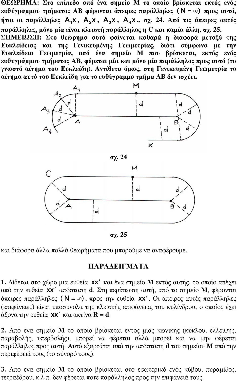 ΣΗΜΕΙΩΣΗ: Στο θεώρημα αυτό φαίνεται καθαρά η διαφορά μεταξύ της Ευκλείδειας και της Γενικευμένης Γεωμετρίας, διότι σύμφωνα με την Ευκλείδεια Γεωμετρία, από ένα σημείο Μ που βρίσκεται, εκτός ενός