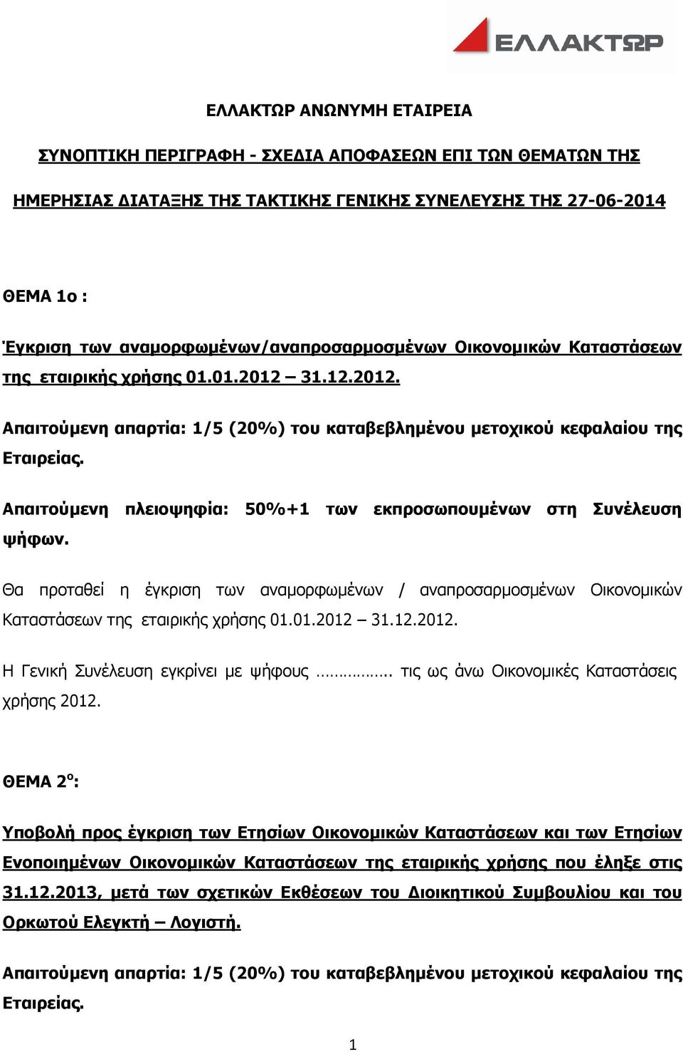 Θα προταθεί η έγκριση των αναµορφωµένων / αναπροσαρµοσµένων Οικονοµικών Καταστάσεων της εταιρικής χρήσης 01.01.2012 31.12.2012. Η Γενική Συνέλευση εγκρίνει µε ψήφους.