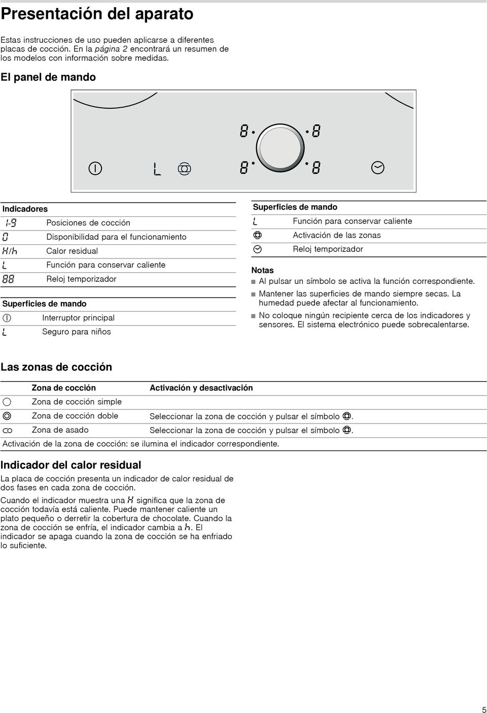 principal Seguro para niños Superficies de mando Función para conservar caliente ó Activación de las zonas 3 Reloj temporizador Notas Al pulsar un símbolo se activa la función correspondiente.