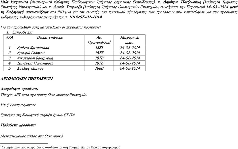 για την πρόσκληση εκδήλωσης ενδιαφέροντος µε αριθµ.πρωτ. 1019/07-02-2014 Για την πρόσκληση αυτή κατατέθηκαν οι παρακάτω προτάσεις: 1. Εµπρόθεσµα A/A Ονοµατεπώνυµο Αρ. Πρωτοκόλλου 1 Ηµεροµηνία πρωτ.