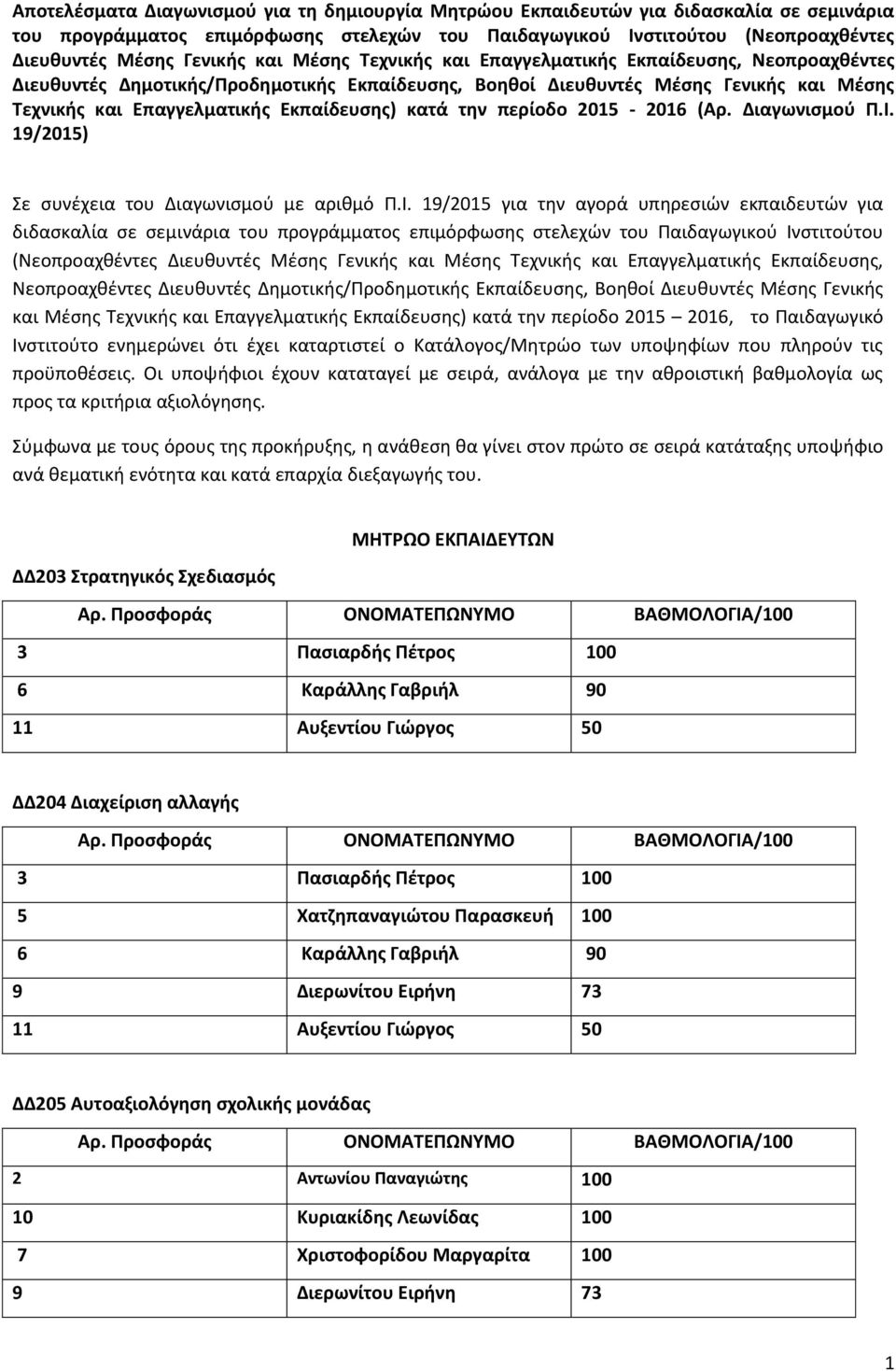 κατά την περίοδο 2015-2016 (Αρ. Διαγωνισμού Π.Ι.