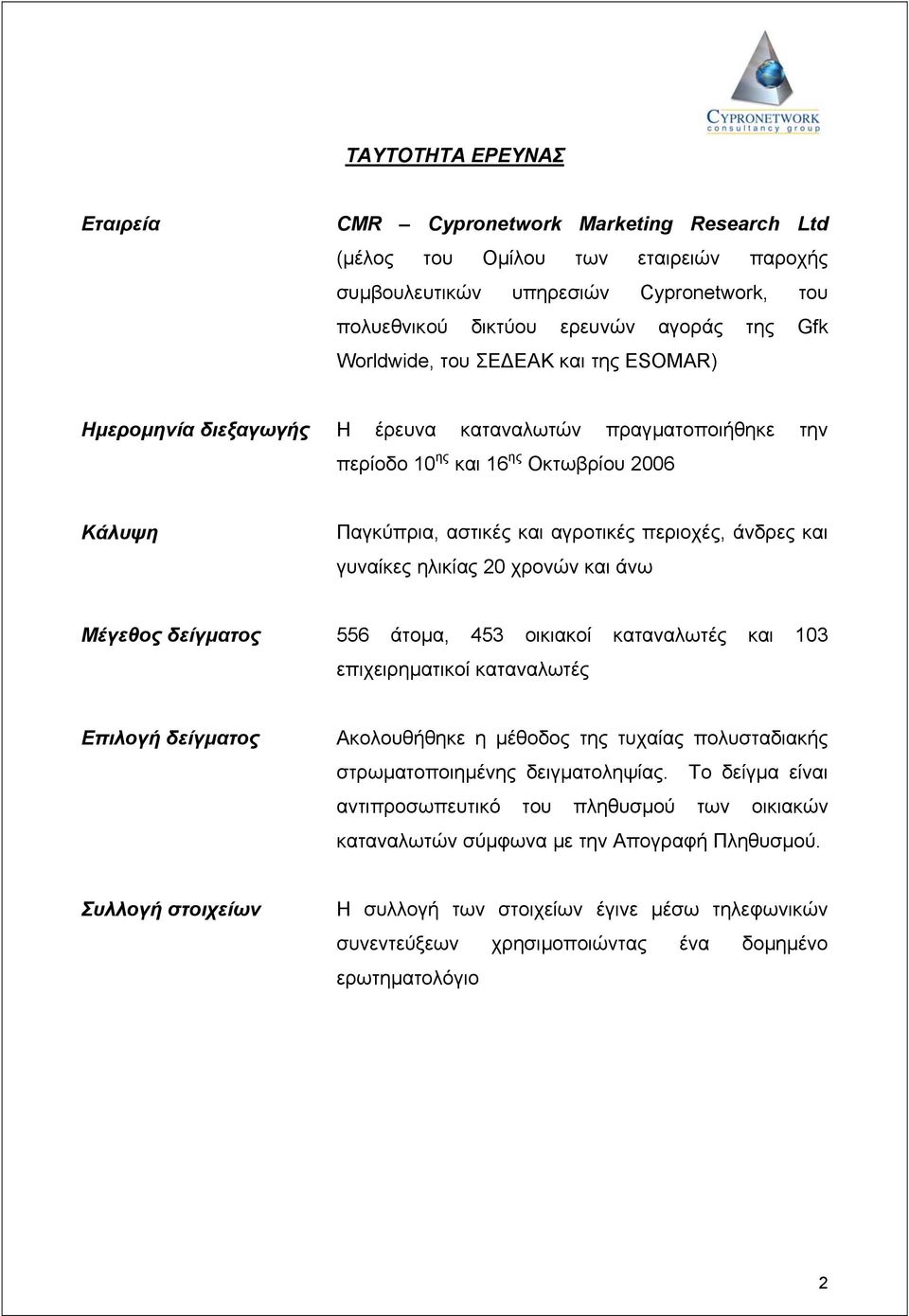 και γυναίκες ηλικίας 20 χρονών και άνω Μέγεθος δείγµατος 556 άτοµα, 453 οικιακοί καταναλωτές και 103 επιχειρηµατικοί καταναλωτές Επιλογή δείγµατος Ακολουθήθηκε η µέθοδος της τυχαίας πολυσταδιακής