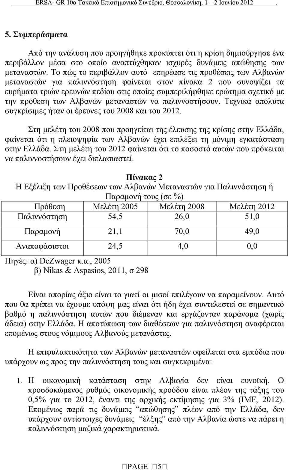 σχετικό με την πρόθεση των Αλβανών μεταναστών να παλιννοστήσουν. Τεχνικά απόλυτα συγκρίσιμες ήταν οι έρευνες του 2008 και του 2012.