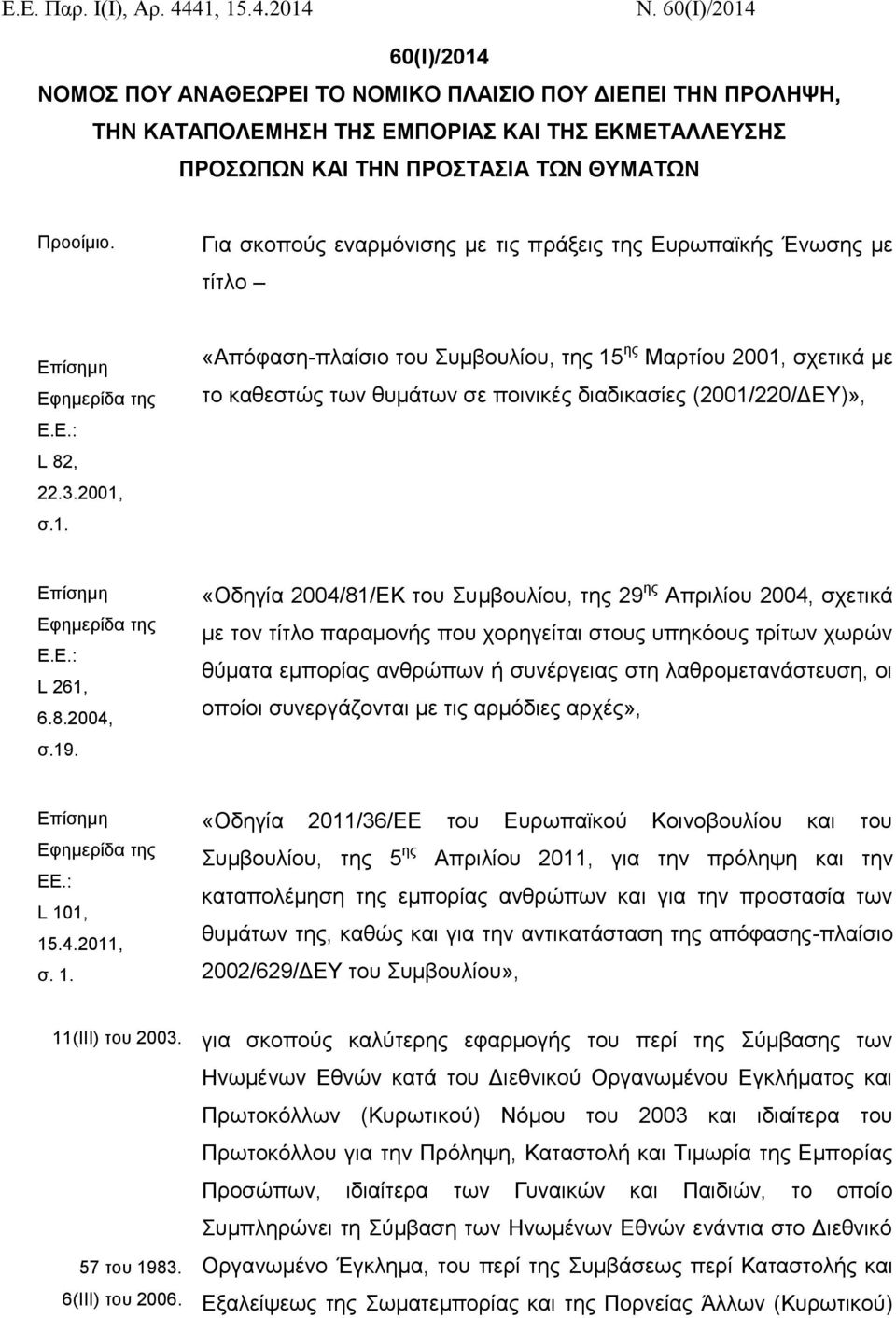 Για σκοπούς εναρμόνισης με τις πράξεις της Ευρωπαϊκής Ένωσης με τίτλο Επίσημη Εφημερίδα της Ε.Ε.: L 82, 22.3.2001,