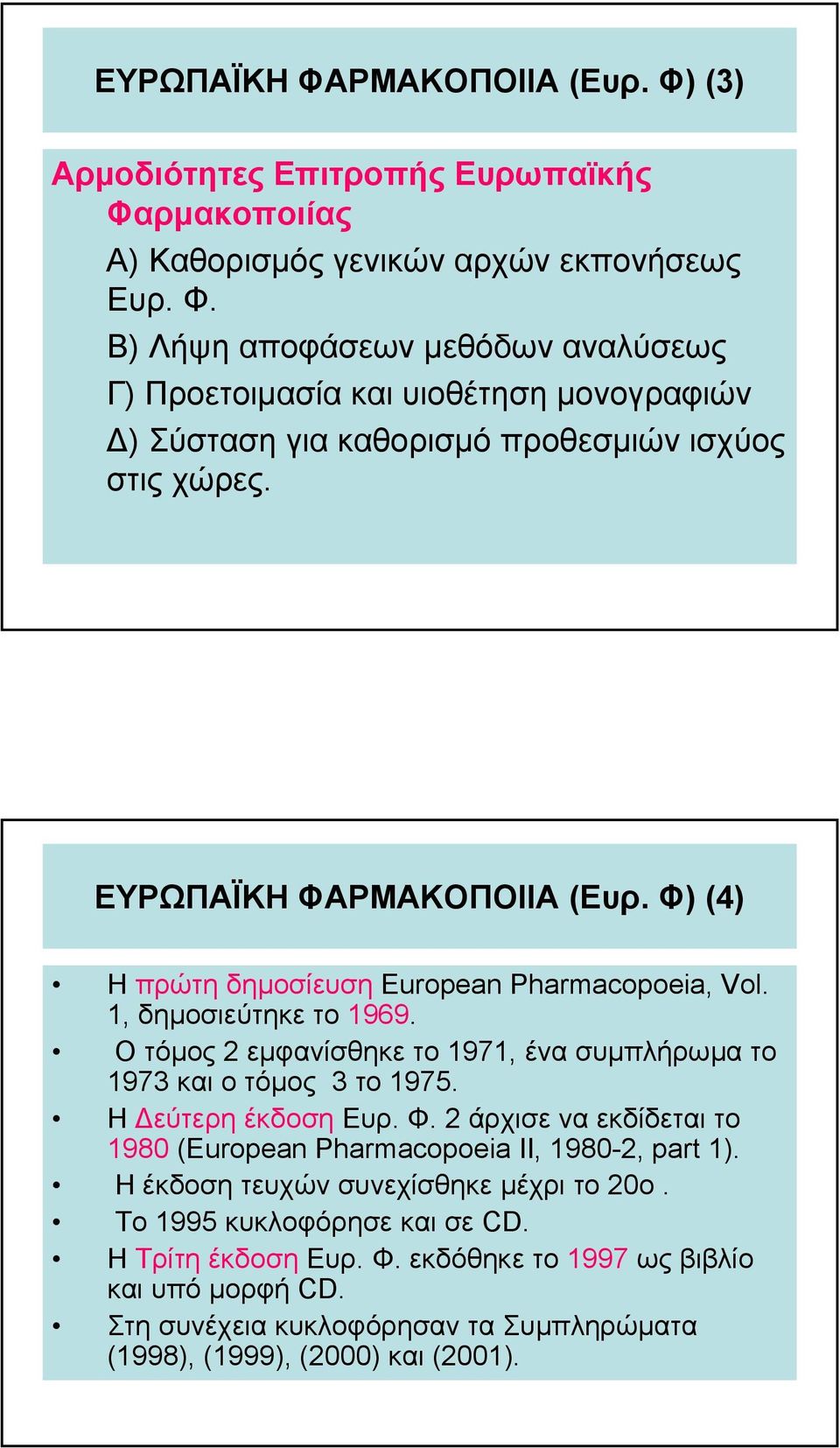 Η εύτερη έκδοση Ευρ. Φ. 2 άρχισε να εκδίδεται το 1980 (European Pharmacopoeia II, 1980-2, part 1). Η έκδοση τευχών συνεχίσθηκε µέχρι το 20ο. Το 1995 κυκλοφόρησε και σε CD. Η Τρίτη έκδοση Ευρ.
