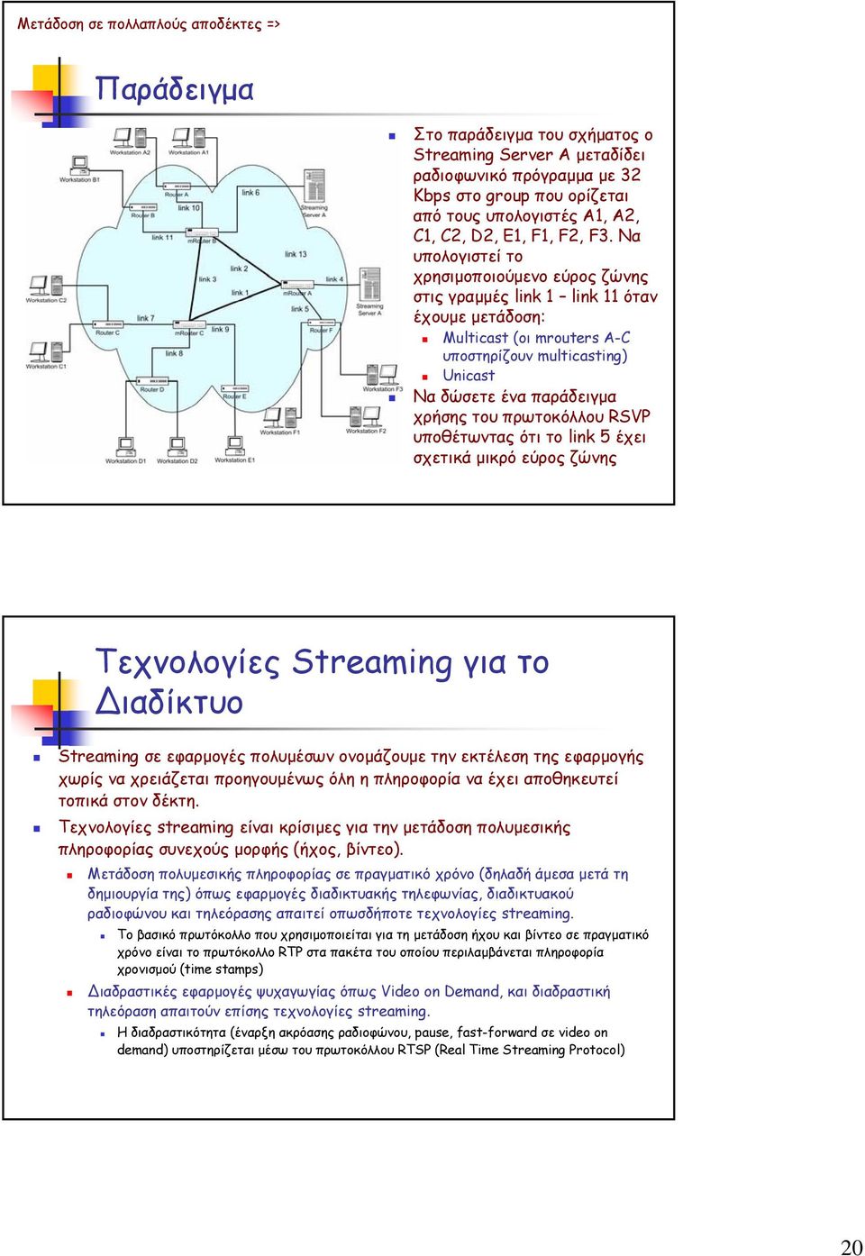 Να υπολογιστεί το χρησιµοποιούµενο εύρος ζώνης στις γραµµές link 1 link 11 όταν έχουµε µετάδοση: Multicast (οι mrouters A-C υποστηρίζουν multicasting) Unicast Να δώσετε ένα παράδειγµα χρήσης του