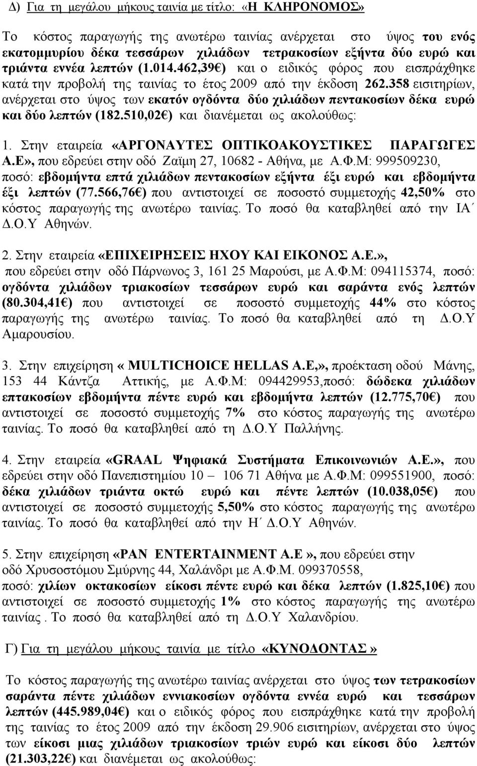 358 εισιτηρίων, ανέρχεται στο ύψος των εκατόν ογδόντα δύο χιλιάδων πεντακοσίων δέκα ευρώ και δύο λεπτών (182.510,02 ) και διανέµεται ως ακολούθως: 1.