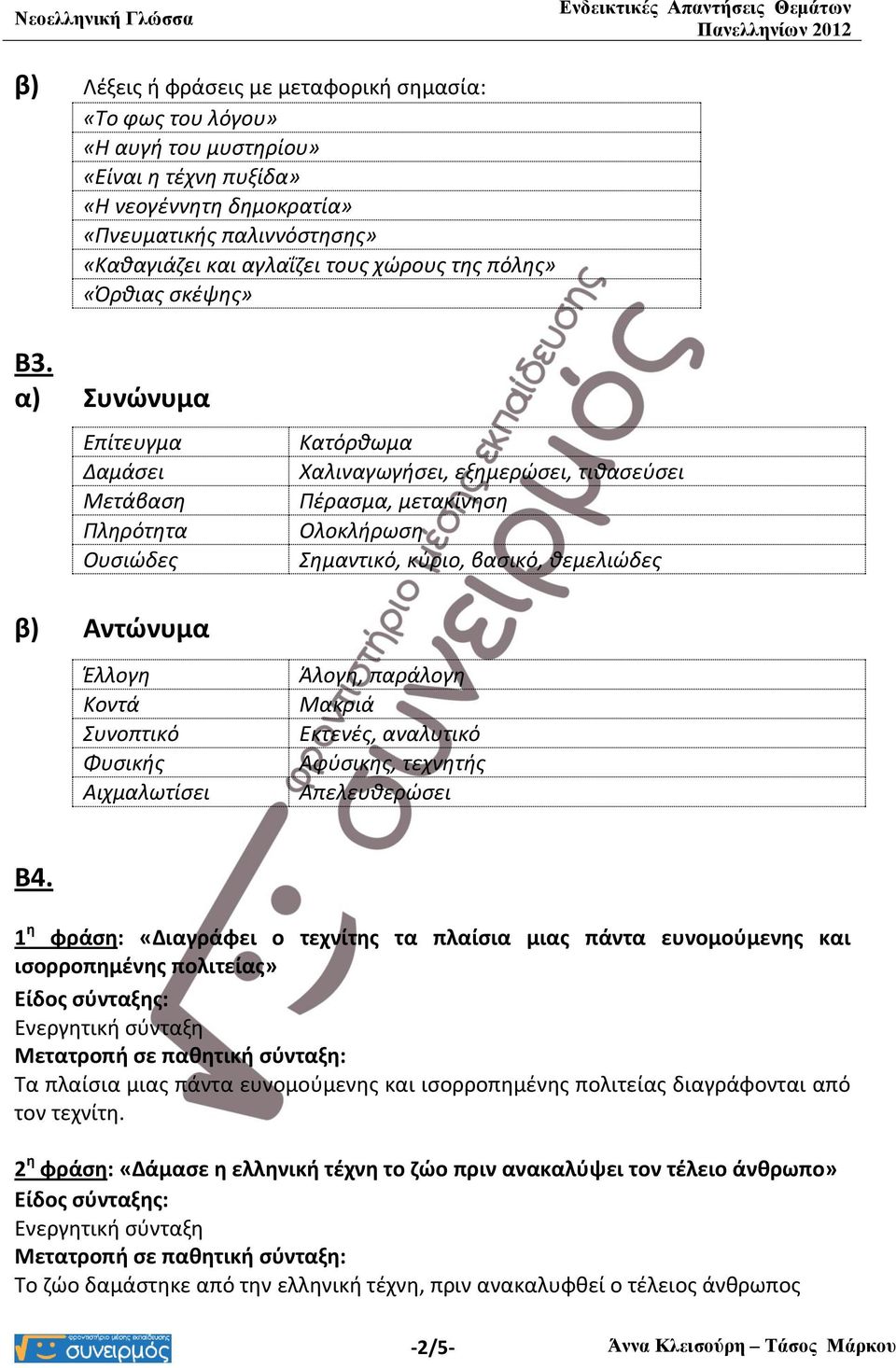 α) Συνώνυμα Επίτευγμα Δαμάσει Μετάβαση Πληρότητα Ουσιώδες Κατόρθωμα Χαλιναγωγήσει, εξημερώσει, τιθασεύσει Πέρασμα, μετακίνηση Ολοκλήρωση Σημαντικό, κύριο, βασικό, θεμελιώδες β) Αντώνυμα Έλλογη Κοντά