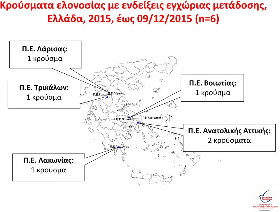 Ε. Τρικάλων: 1 κρούσμα Π.Ε. Βοιωτίας: 1 κρούσμα Π.Ε. Ανατολικής Αττικής: 2 κρούσματα Π.