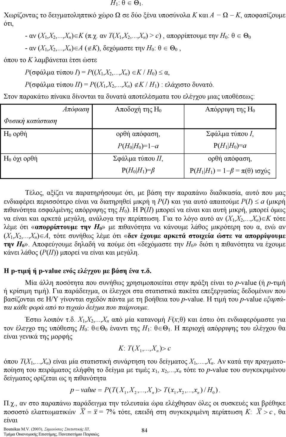 κατάταη Η ορθή Η όχι ορθή Απόφαη Αποδοχή της Η Απόρριψη της Η ορθή απόφαη, P(H H Σφάλµα τύπου ΙI, P(H H β Σφάλµα τύπου Ι, P(H H ορθή απόφαη, P(H H β π(θ ιχύς Τέλος, αξίζει να παρατηρήουµε ότι, µε βάη