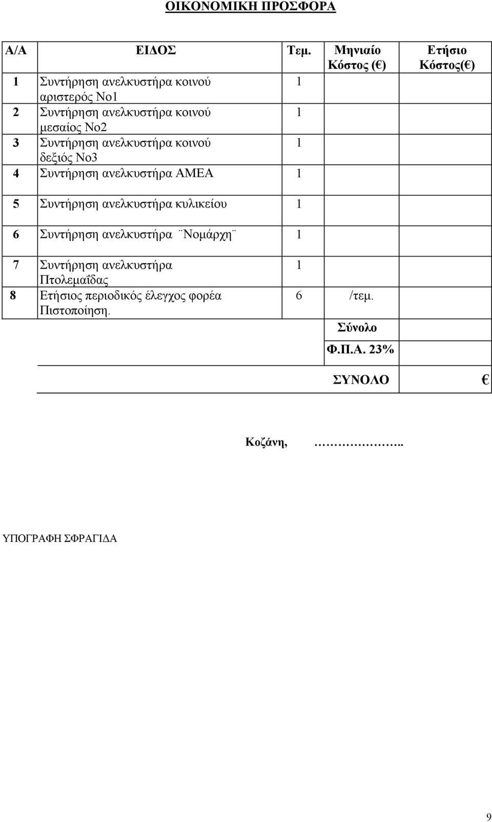 Συντήρηση ανελκυστήρα κοινού 1 δεξιός Νο3 4 Συντήρηση ανελκυστήρα ΑΜΕΑ 1 Ετήσιο Κόστος( ) 5 Συντήρηση ανελκυστήρα