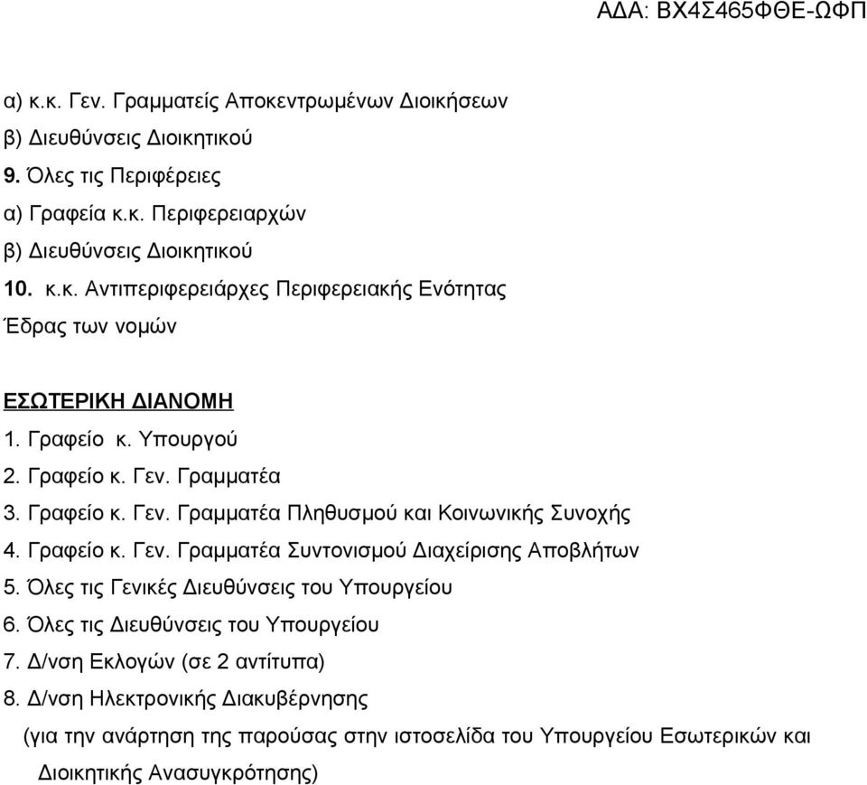 Όλες τις Γενικές Διευθύνσεις του Υπουργείου 6. Όλες τις Διευθύνσεις του Υπουργείου 7. Δ/νση Εκλογών (σε 2 αντίτυπα) 8.