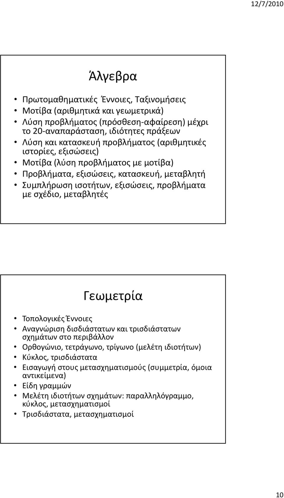 με σχέδιο, μεταβλητές Γεωμετρία Τοπολογικές Έννοιες Αναγνώριση δισδιάστατων και τρισδιάστατων σχημάτων στο περιβάλλον Ορθογώνιο, τετράγωνο, τρίγωνο (μελέτη ιδιοτήτων) Κύκλος,