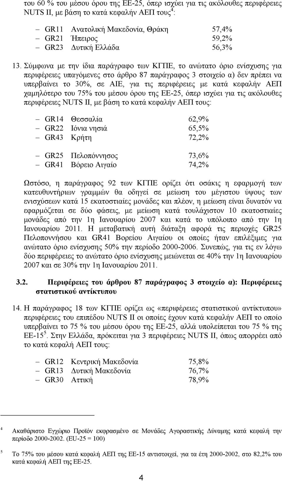 Σύμφωνα με την ίδια παράγραφο των ΚΓΠΕ, το ανώτατο όριο ενίσχυσης για περιφέρειες υπαγόμενες στο άρθρο 87 παράγραφος 3 στοιχείο α) δεν πρέπει να υπερβαίνει το 30%, σε ΑΙΕ, για τις περιφέρειες με κατά