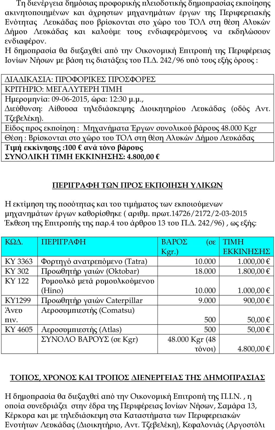 . 242/96 υ ό τους εξής όρους : ΙΑ ΙΚΑΣΙΑ: ΠΡΟΦΟΡΙΚΕΣ ΠΡΟΣΦΟΡΕΣ ΚΡΙΤΗΡΙΟ: ΜΕΓΑΛΥΤΕΡΗ ΤΙΜΗ Ηµεροµηνία: 09-06-2015, ώρα: 12:30 µ.µ., ιεύθυνση: Αίθουσα τηλεδιάσκεψης ιοικητηρίου Λευκάδας (οδός Αντ.