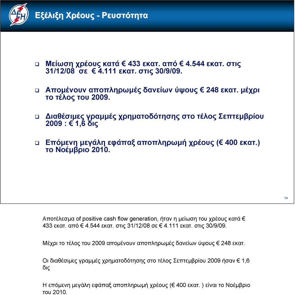 14 Αποτέλεσμα of positive cash flow generation, ήταν η μείωση του χρέους κατά 433 εκατ. από 4.544 εκατ. στις 31/12/08 σε 4.111 εκατ. στις 30/9/09.