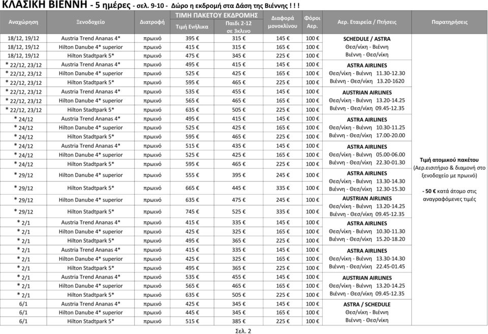 Austria Trend Ananas 4* πρωινό 495 415 145 100 * 22/12, 23/12 Hilton Danube 4* superior πρωινό 525 425 165 100 * 22/12, 23/12 Hilton Stadtpark 5* πρωινό 595 465 225 100 * 22/12, 23/12 Austria Trend
