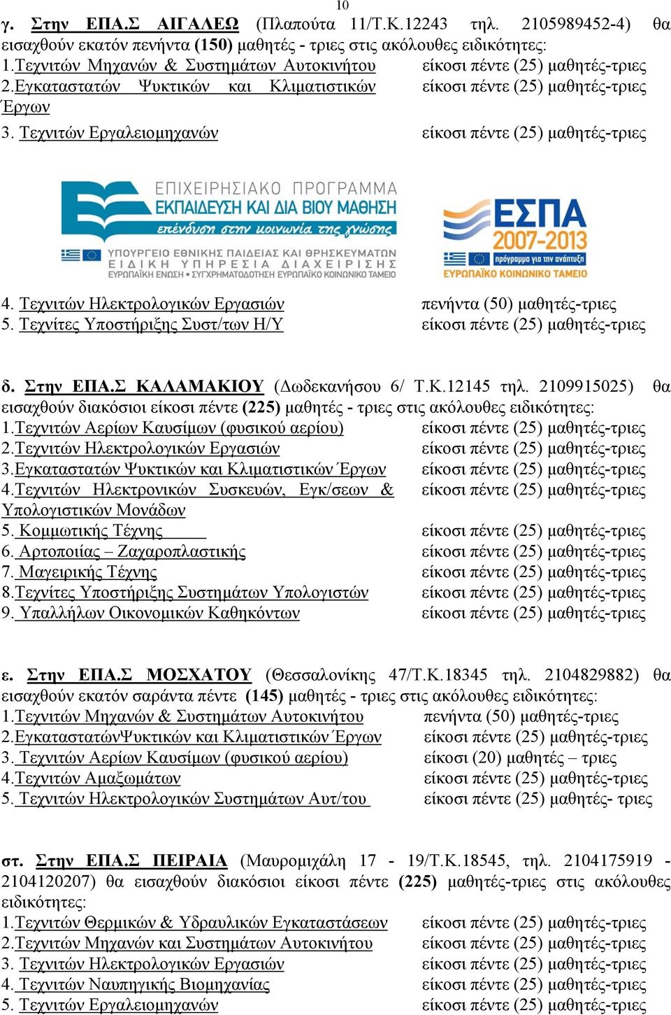 Σ ΚΑΛΑΜΑΚΙΟΥ (Δωδεκανήσου 6/ Τ.K.12145 τηλ. 2109915025) θα εισαχθούν διακόσιοι είκοσι πέντε (225) μαθητές - τριες στις ακόλουθες ειδικότητες: 1.Τεχνιτών Αερίων Καυσίμων (φυσικού αερίου) 2.