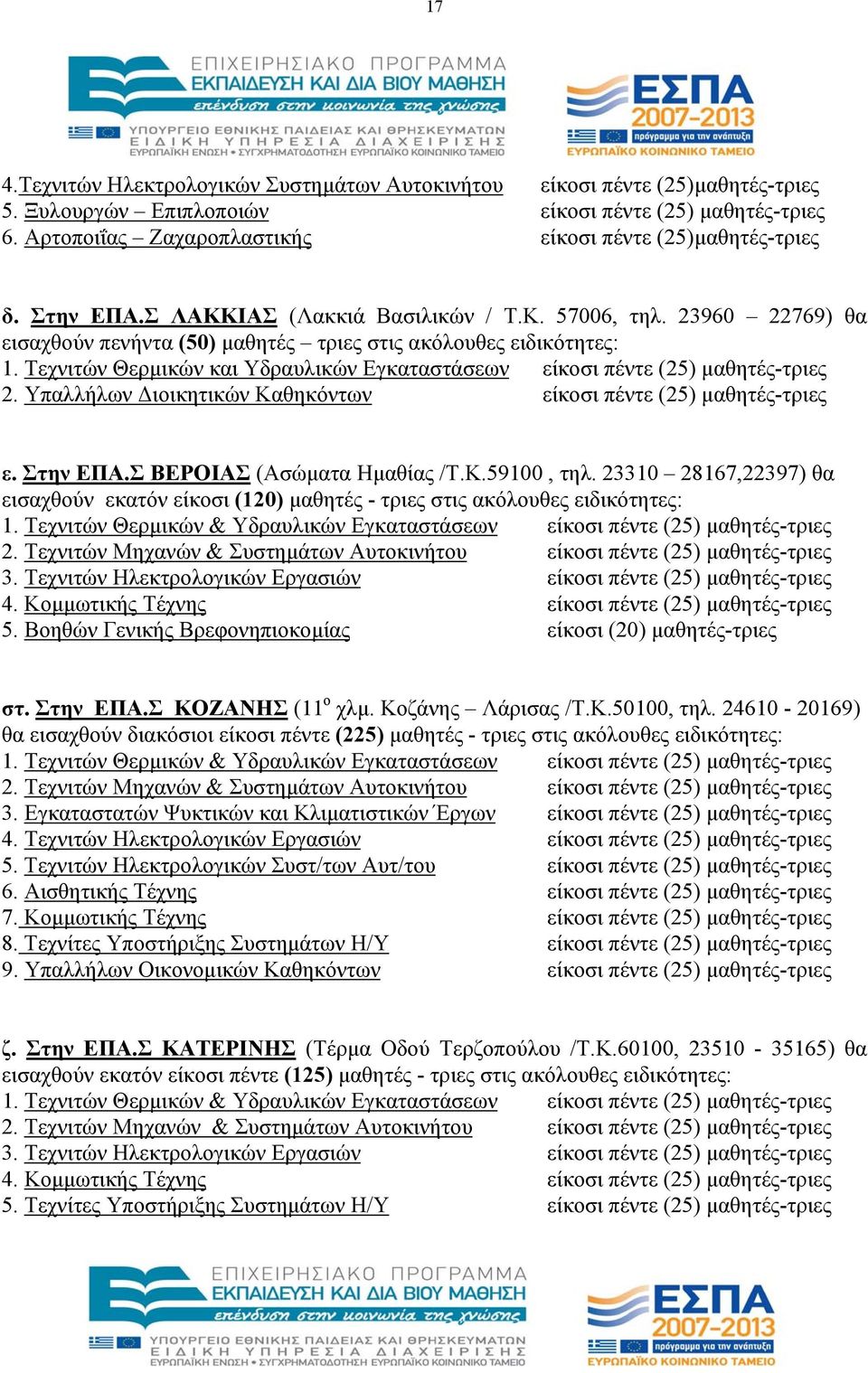 Υπαλλήλων Διοικητικών Καθηκόντων ε. Στην ΕΠΑ.Σ ΒΕΡΟΙΑΣ (Ασώματα Ημαθίας /Τ.K.59100, τηλ. 23310 28167,22397) θα εισαχθούν εκατόν είκοσι (120) μαθητές - τριες στις ακόλουθες ειδικότητες: 1.