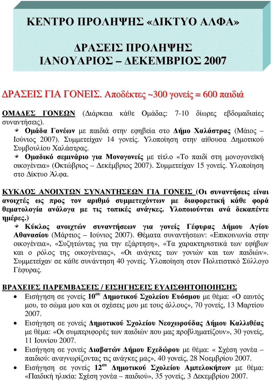 Οµάδα Γονέων µε παιδιά στην εφηβεία στο ήµο Χαλάστρας (Μάιος Ιούνιος Συµµετείχαν 14 γονείς. Υλοποίηση στην αίθουσα ηµοτικού Συµβουλίου Χαλάστρας.