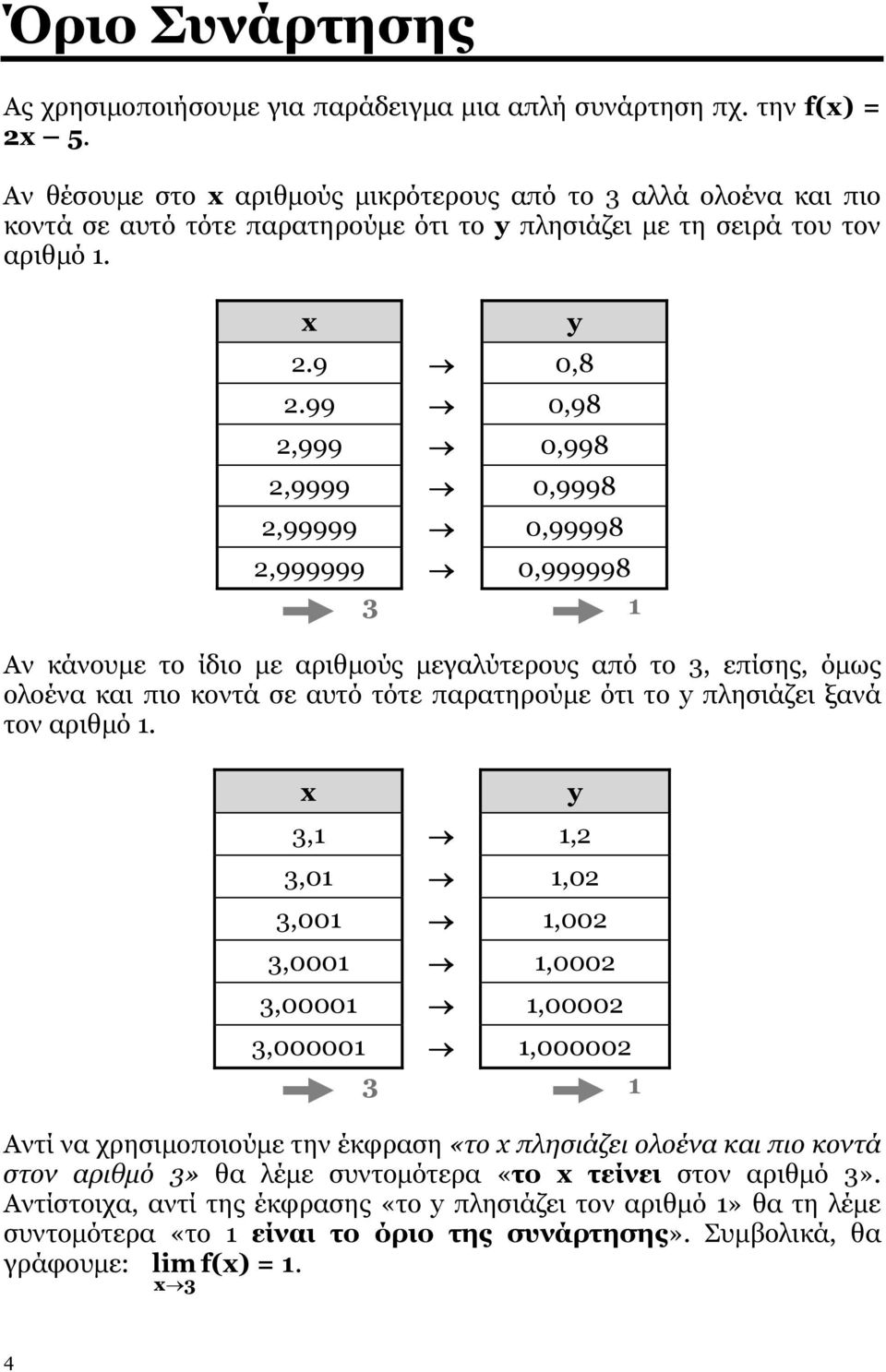 99 0,98 2,999 0,998 2,9999 0,9998 2,99999 0,99998 2,999999 0,999998 3 1 Αν κάνουμε το ίδιο με αριθμούς μεγαλύτερους από το 3, επίσης, όμως ολοένα και πιο κοντά σε αυτό τότε παρατηρούμε ότι το y