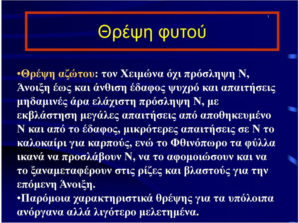 το καλοκαίρι για καρπούς, ενώ το Φθινόπωρο τα φύλλα ικανά να προσλάβουν Ν, να το αφομοιώσουν και να το ξαναμεταφέρουν