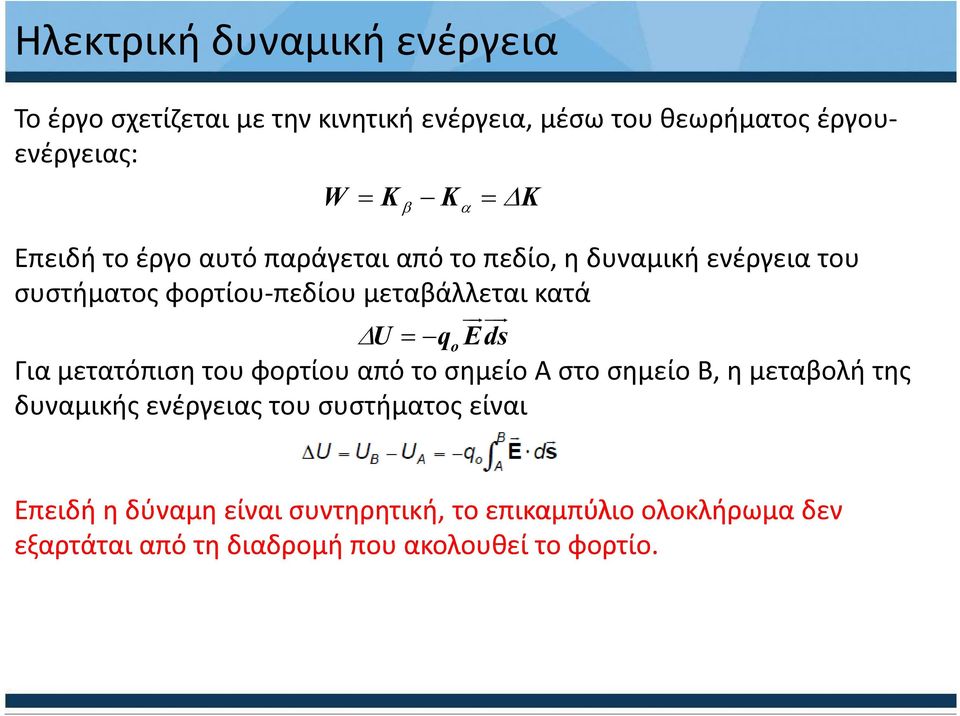 U = q o Eds Για μετατόπιση του φορτίου από το σημείο A στο σημείο B, η μεταβολή της δυναμικής ενέργειας του συστήματος