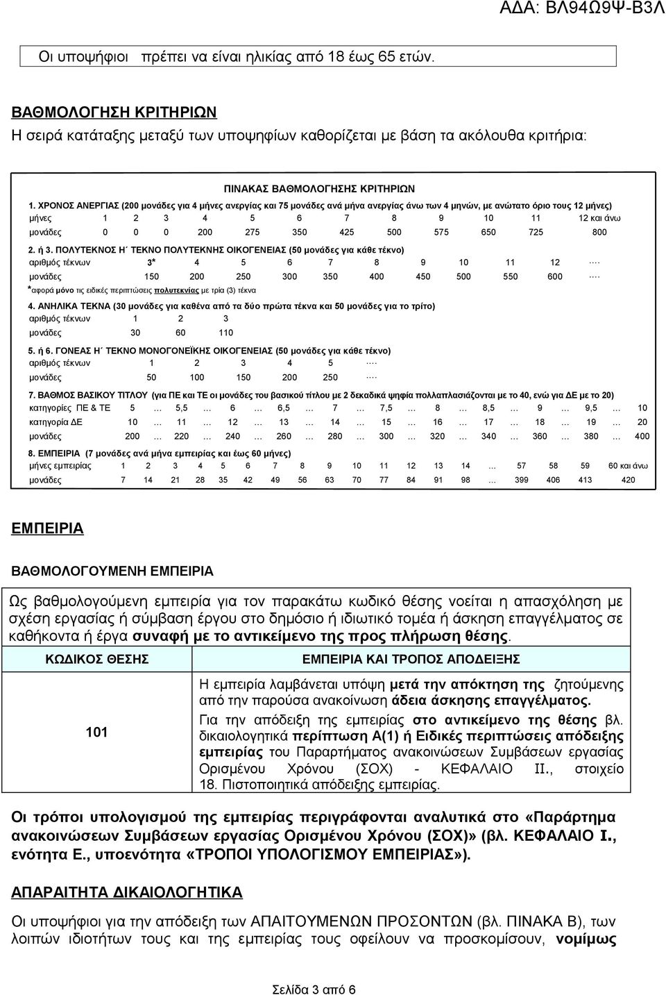 425 500 575 650 725 800 2. ή 3. ΠΟΛΥΤΕΚΝΟΣ Η ΤΕΚΝΟ ΠΟΛΥΤΕΚΝΗΣ ΟΙΚΟΓΕΝΕΙΑΣ (50 μονάδες για κάθε τέκνο) αριθμός τέκνων 3* 4 5 6 7 8 9 10 11 12. μονάδες 150 200 250 300 350 400 450 500 550 600.