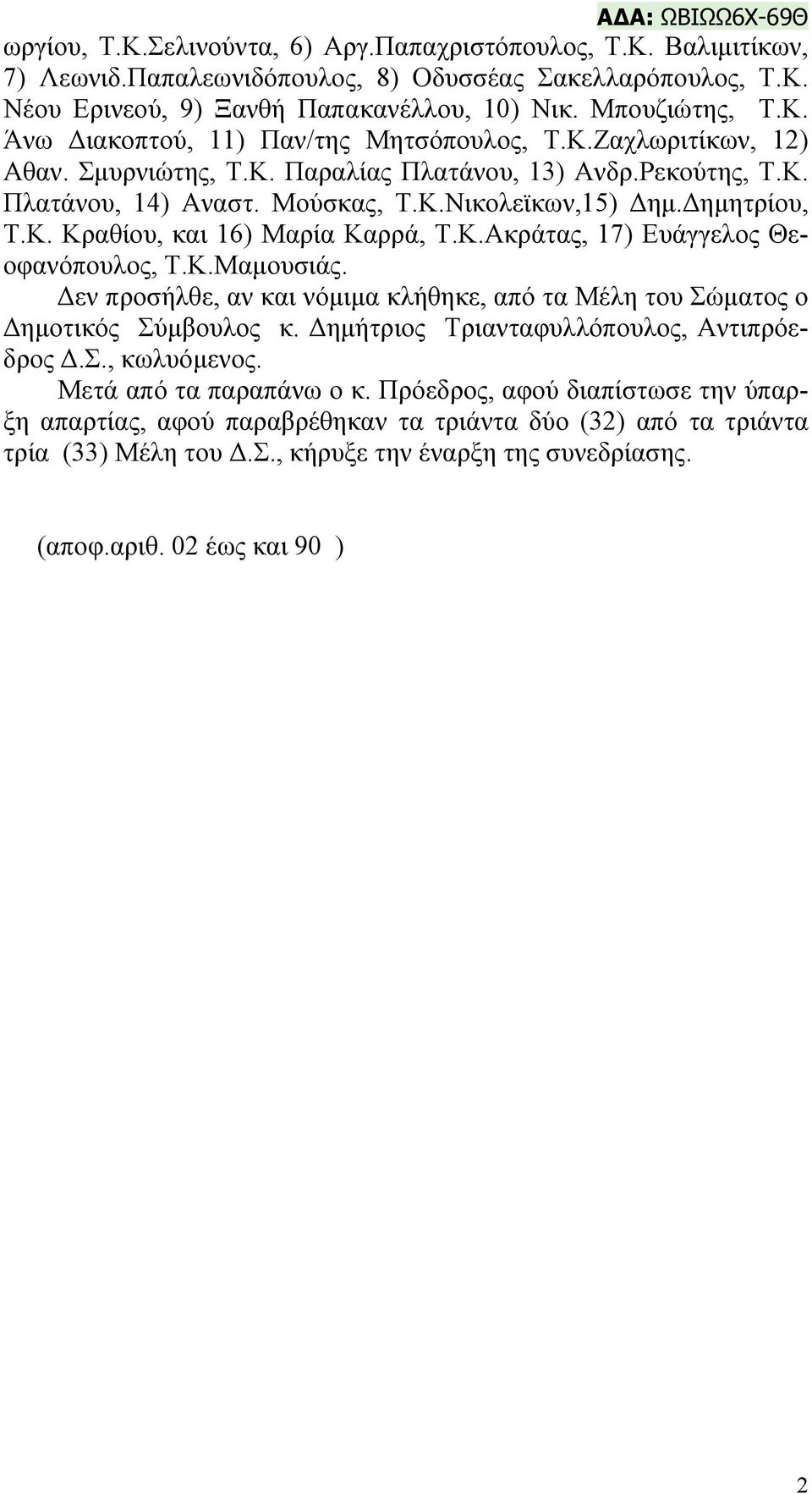 Δημητρίου, Τ.Κ. Κραθίου, και 16) Μαρία Καρρά, Τ.Κ.Ακράτας, 17) Eυάγγελος Θεοφανόπουλος, Τ.Κ.Μαμουσιάς. Δεν προσήλθε, αν και νόμιμα κλήθηκε, από τα Μέλη του Σώματος ο Δημοτικός Σύμβουλος κ.