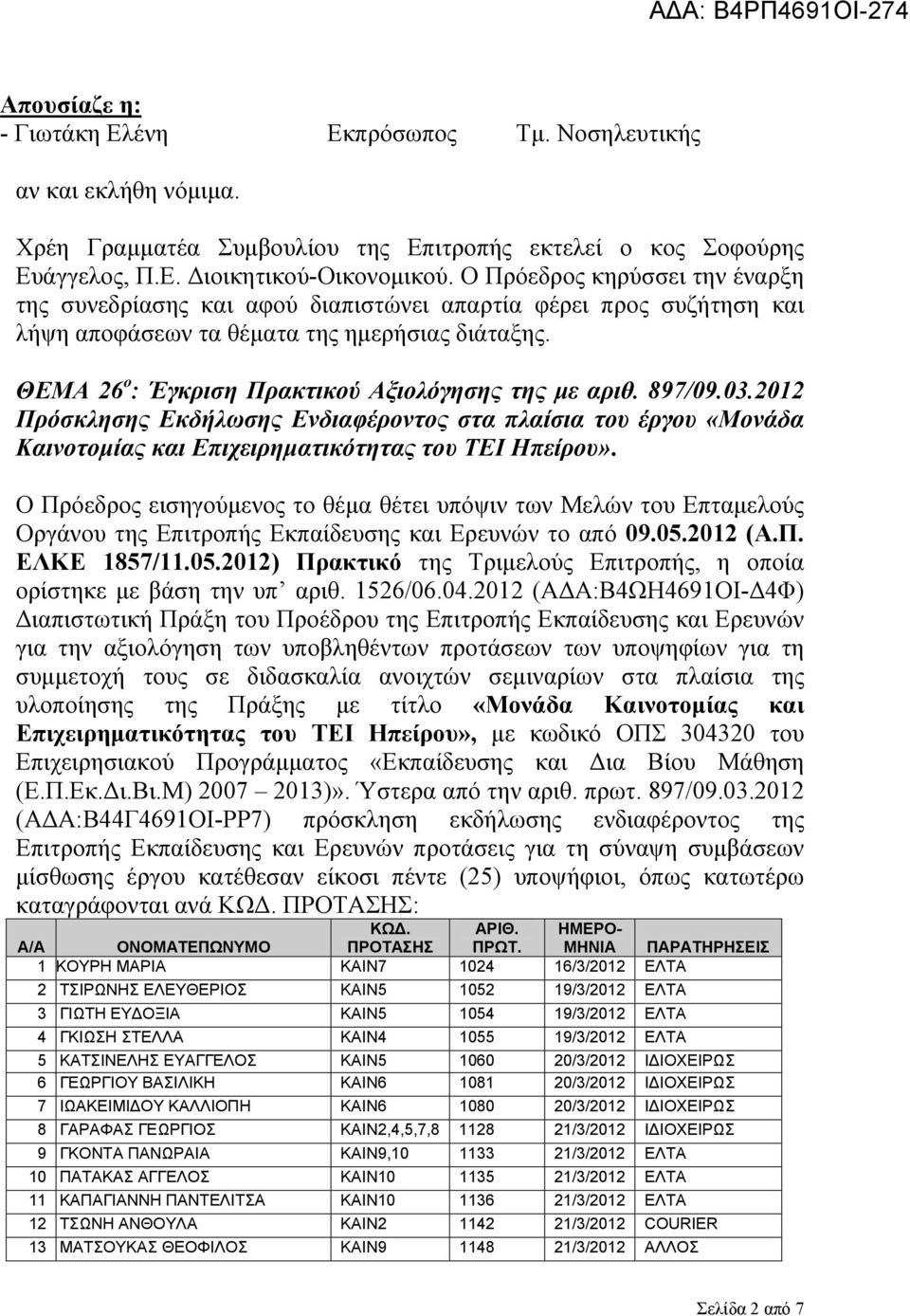 ΘΕΜΑ 26 ο : Έγκριση Πρακτικού Αξιολόγησης της με αριθ. 897/09.03.2012 Πρόσκλησης Εκδήλωσης Ενδιαφέροντος στα πλαίσια του έργου «Μονάδα Καινοτομίας και Επιχειρηματικότητας του ΤΕΙ Ηπείρου».