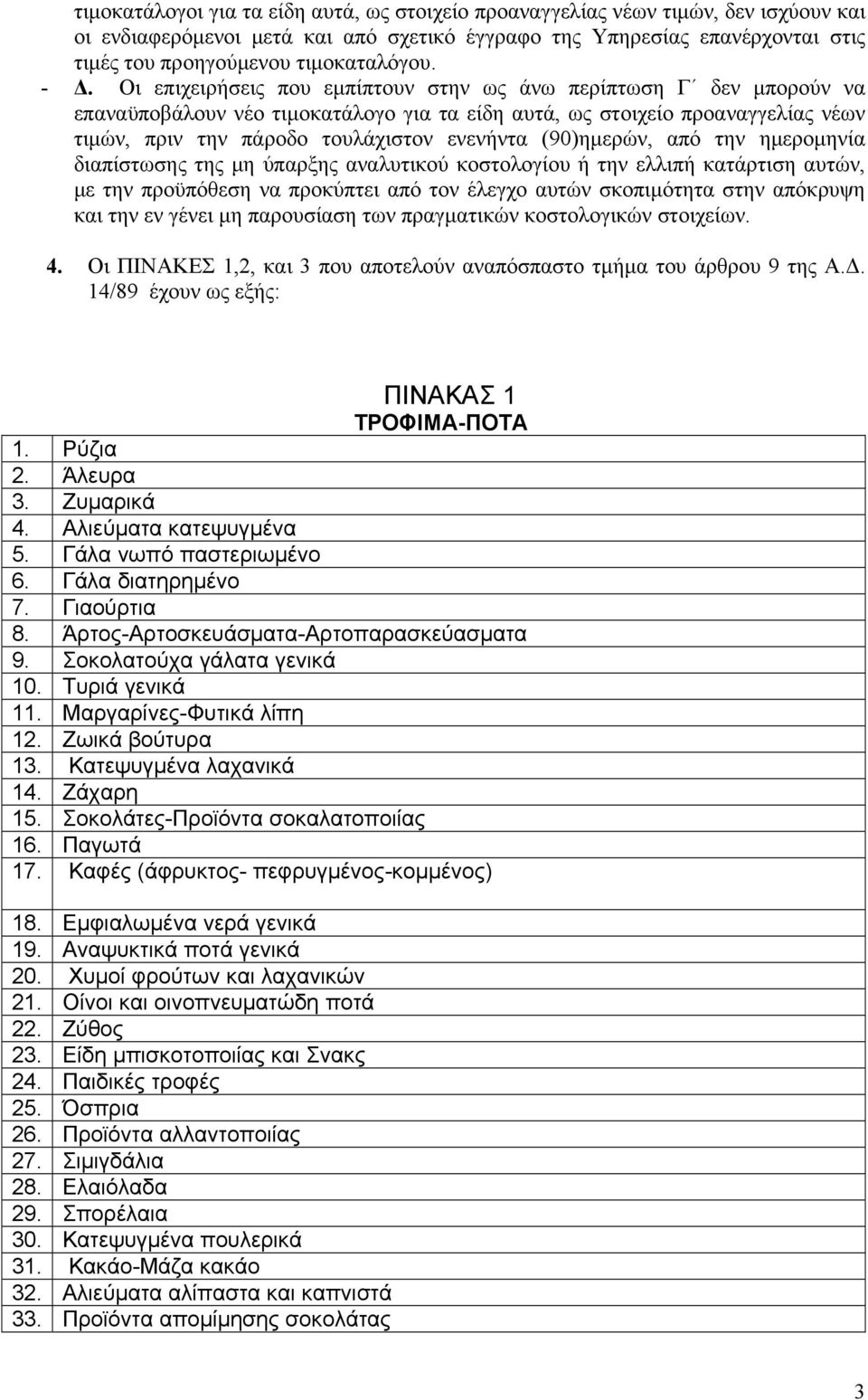 Οι επιχειρήσεις που εμπίπτουν στην ως άνω περίπτωση Γ δεν μπορούν να επαναϋποβάλουν νέο τιμοκατάλογο για τα είδη αυτά, ως στοιχείο προαναγγελίας νέων τιμών, πριν την πάροδο τουλάχιστον ενενήντα