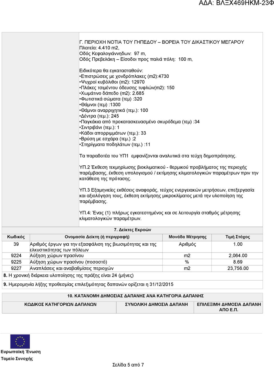 όδευσης τυφλών(m2): 150 Χωμάτινο δάπεδο (m2): 2.685 Φωτιστικά σώματα (τεμ) :320 Θάμνοι (τεμ) :1300 Θάμνοι αναρριχητικά (τεμ.): 100 Δέντρα (τεμ.