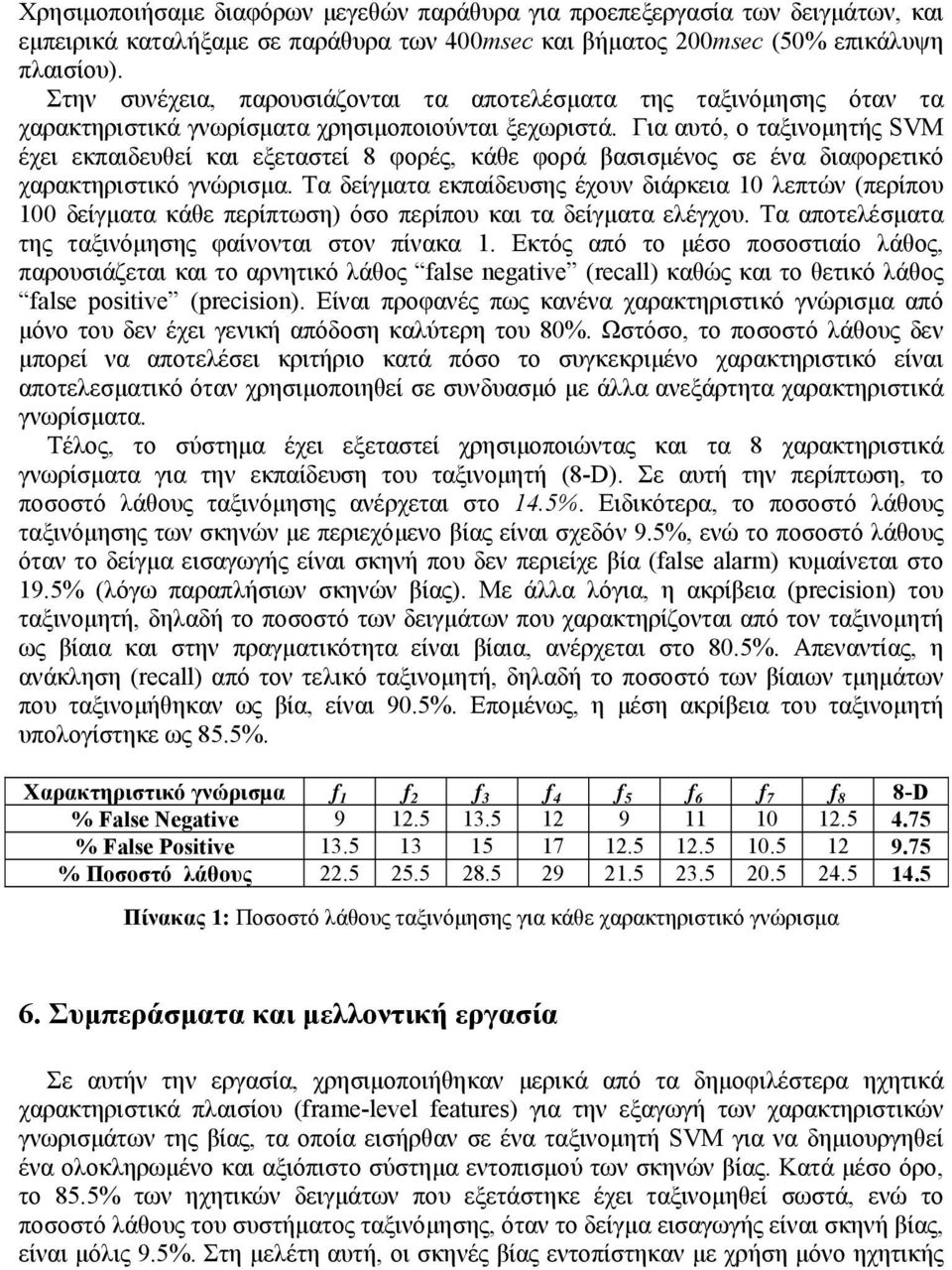 Για αυτό, ο ταξινομητής SVM έχει εκπαιδευθεί και εξεταστεί 8 φορές, κάθε φορά βασισμένος σε ένα διαφορετικό χαρακτηριστικό γνώρισμα.