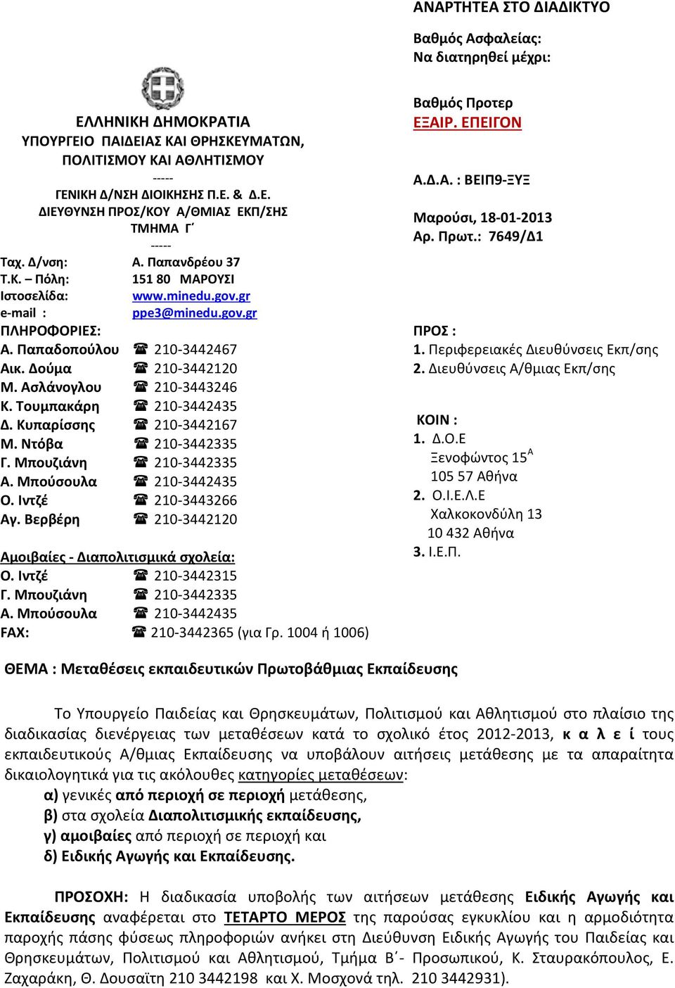 Ασλάνογλου 210-3443246 Κ. Τουμπακάρη 210-3442435 Δ. Κυπαρίσσης 210-3442167 Μ. Ντόβα 210-3442335 Γ. Μπουζιάνη 210-3442335 Α. Μπούσουλα 210-3442435 Ο. Ιντζέ 210-3443266 Αγ.