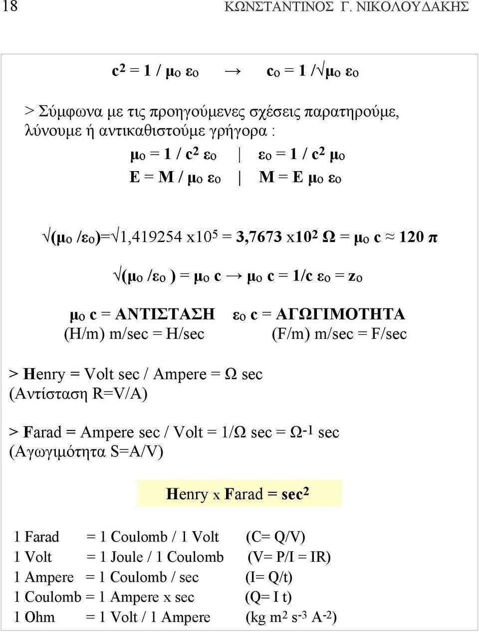 = E μο εο (μο /εο)= 1,419254 x10 5 = 3,7673 x10 2 Ω = μο c 120 π (μο /εο ) = μο c μο c = 1/c εο = zo μο c = ΑΝΤΙΣΤΑΣΗ εο c = ΑΓΩΓΙΜΟΤΗΤΑ (H/m) m/sec = H/sec (F/m) m/sec = F/sec >