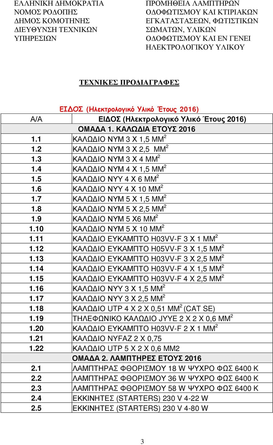 2 ΚΑΛΩΔΙΟ ΝΥΜ 3 Χ 2,5 MM 2 1.3 ΚΑΛΩΔΙΟ ΝΥΜ 3 Χ 4 MM 2 1.4 ΚΑΛΩΔΙΟ ΝΥΜ 4 Χ 1,5 MM 2 1.5 ΚΑΛΩΔΙΟ ΝΥY 4 Χ 6 MM 2 1.6 ΚΑΛΩΔΙΟ ΝΥY 4 Χ 10 MM 2 1.7 ΚΑΛΩΔΙΟ ΝΥΜ 5 Χ 1,5 MM 2 1.8 ΚΑΛΩΔΙΟ ΝΥΜ 5 Χ 2,5 MM 2 1.