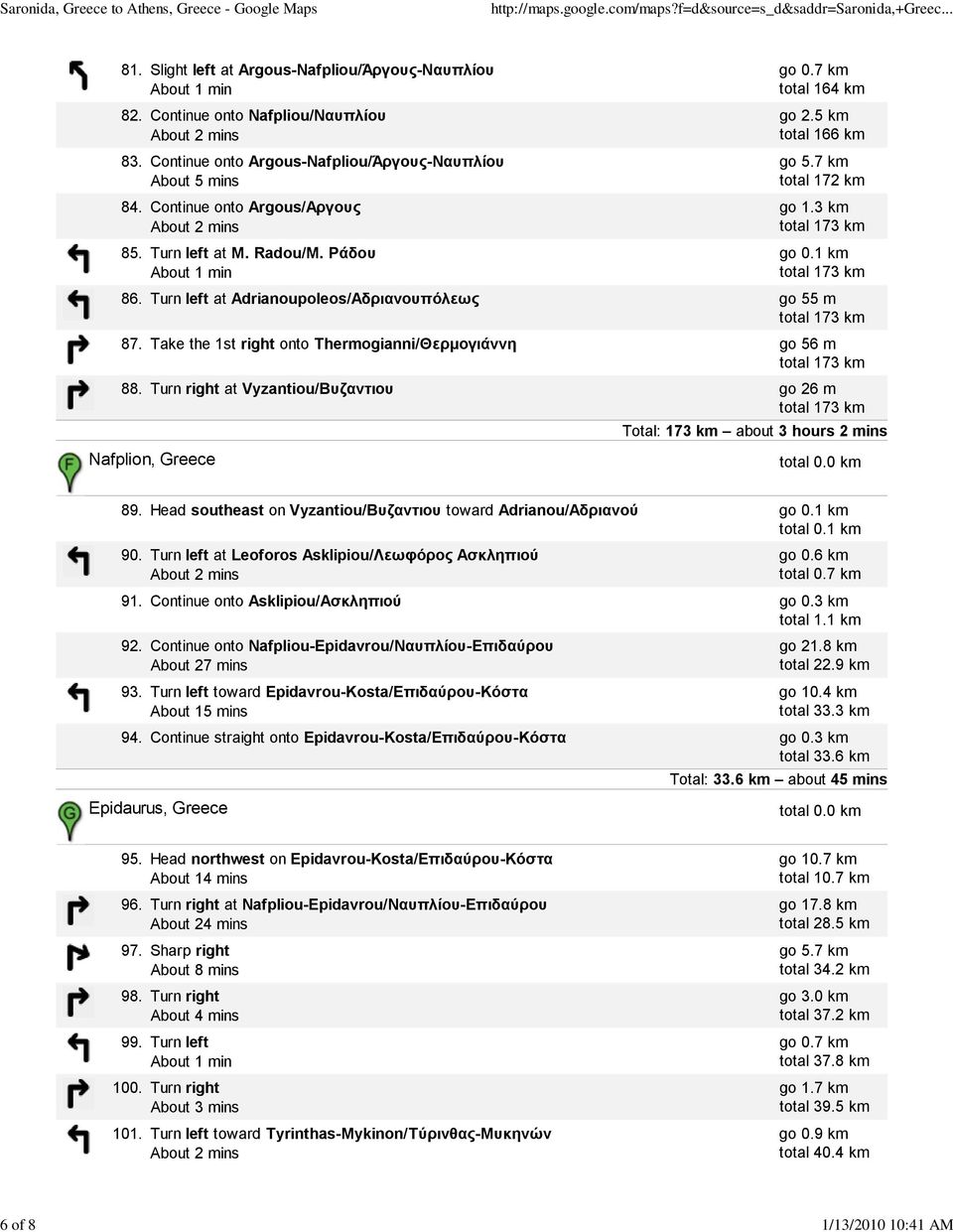 Take the 1st right onto Thermogianni/Θερμογιάννη go 56 m 88. Turn right at Vyzantiou/Βυζαντιου go 26 m Nafplion, Greece Total: 173 km about 3 hours 2 mins 89.