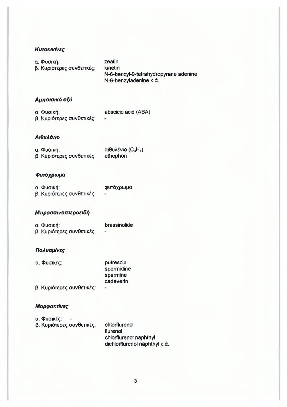 Φυσικές: β. Κυριότερες συνθετικές: putrescin spermidine spermine cadaverin Μορφακτίνες α. Φυσικές: β.