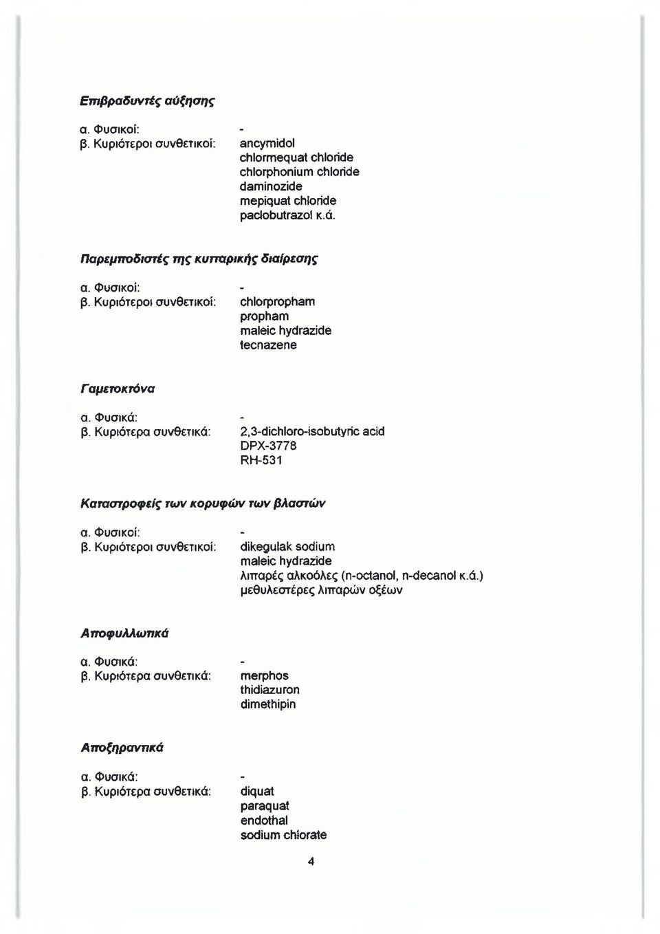 Κυριότερα συνθετικά: 2,3-d ich loro-iso butyric acid DPX-3778 RH-531 Καταστροφείς των κορυφών των βλαστών α. Φυσικοί: - β.